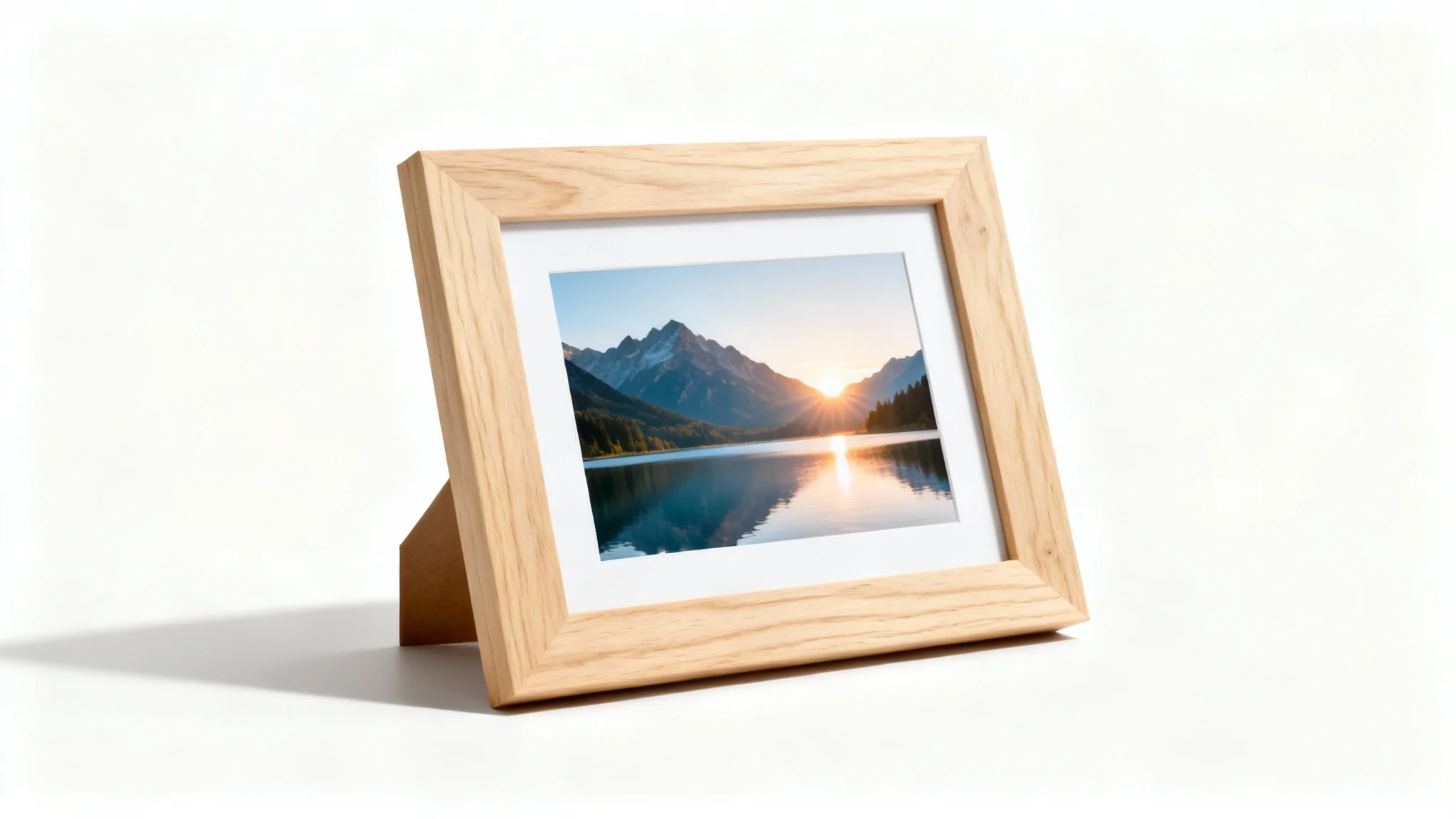 A modern light oak photo frame, standing on a white background, displaying a colorful picture of a mountain lake at sunrise.