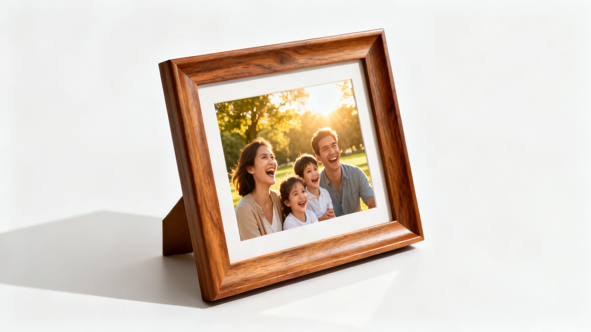 A minimalist, medium-brown wooden photo frame standing on a white background, displaying a colorful photo of a happy family in a park.