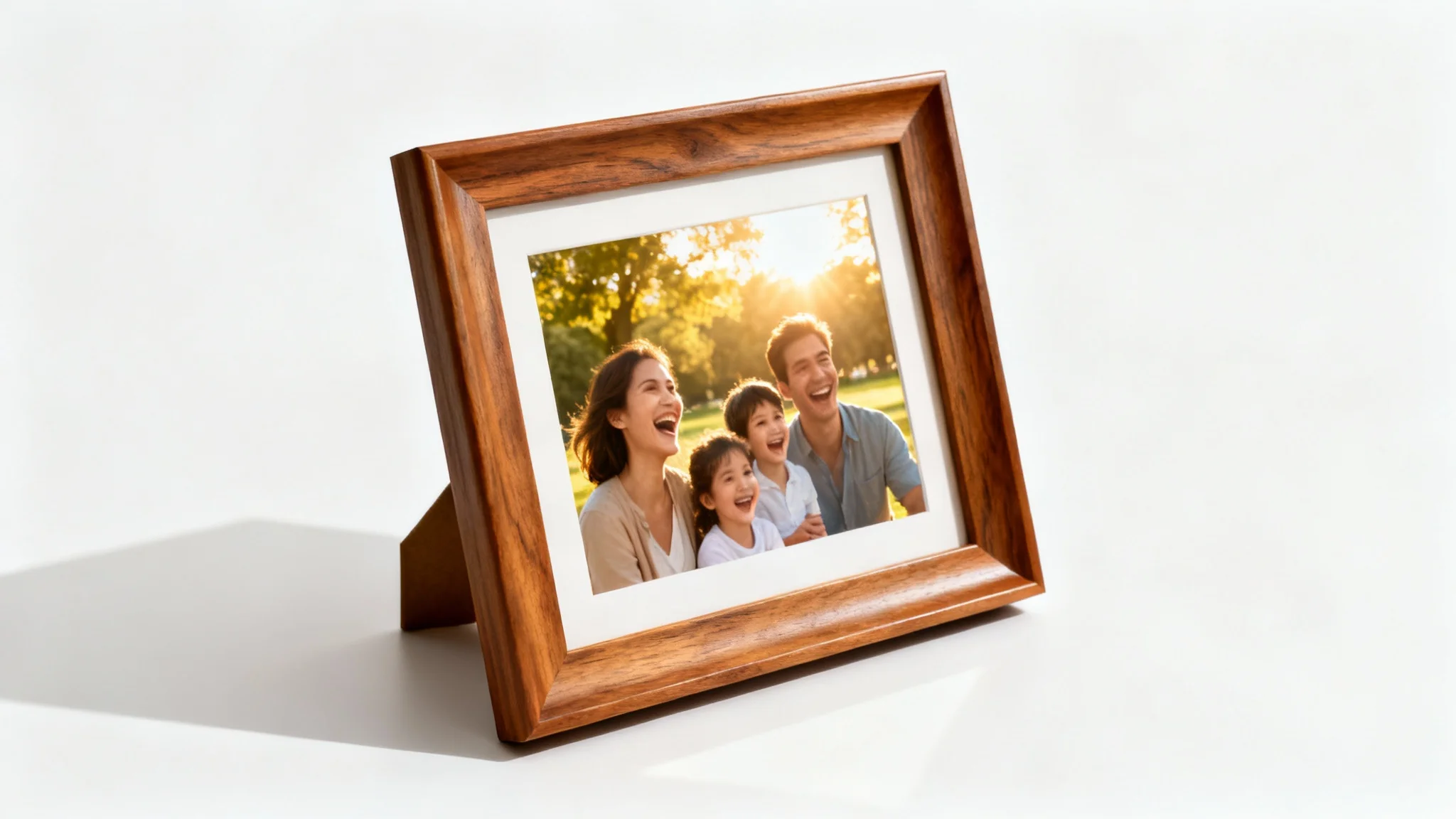 A minimalist, medium-brown wooden photo frame standing on a white background, displaying a colorful photo of a happy family in a park.