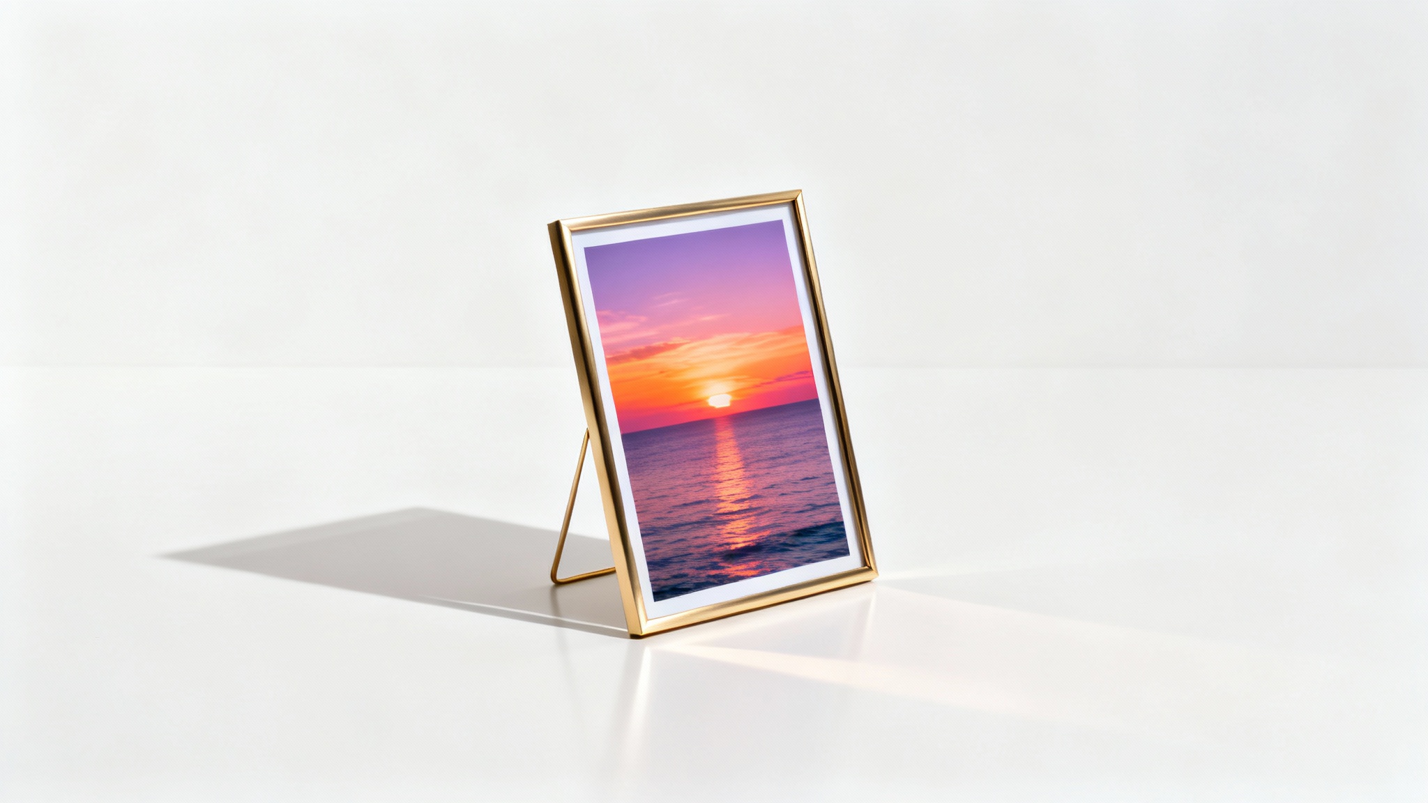A modern, brushed gold photo frame displaying a colorful ocean sunset photograph, standing on a clean white surface against a white background.