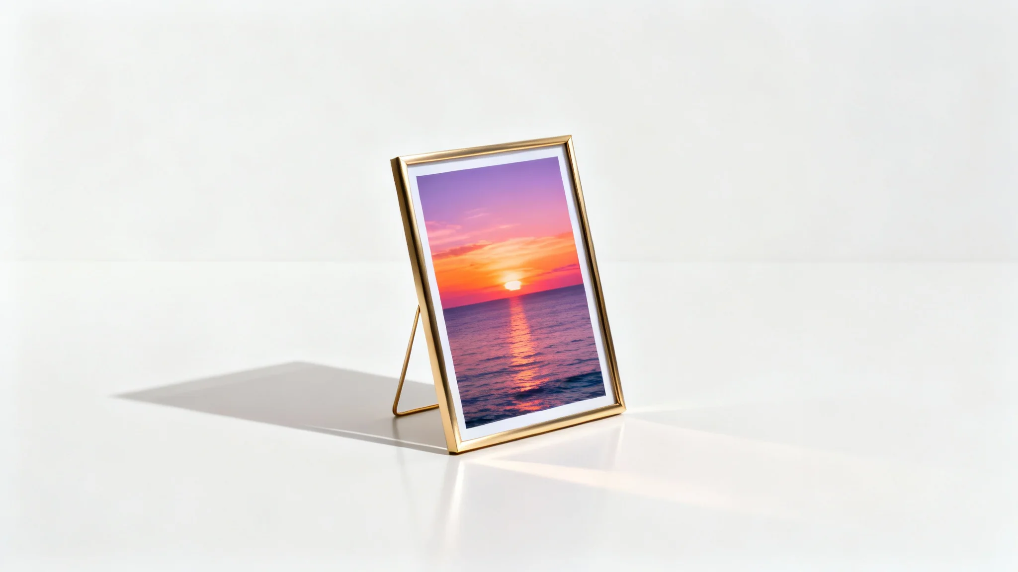 A modern, brushed gold photo frame displaying a colorful ocean sunset photograph, standing on a clean white surface against a white background.
