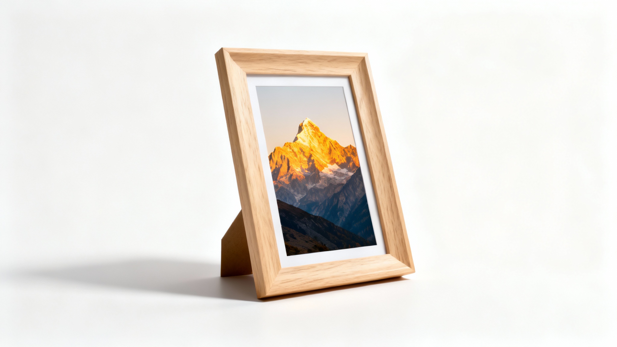 A high-quality light oak wood photo frame holding a picture of a sunlit mountain landscape, displayed against a clean white background.