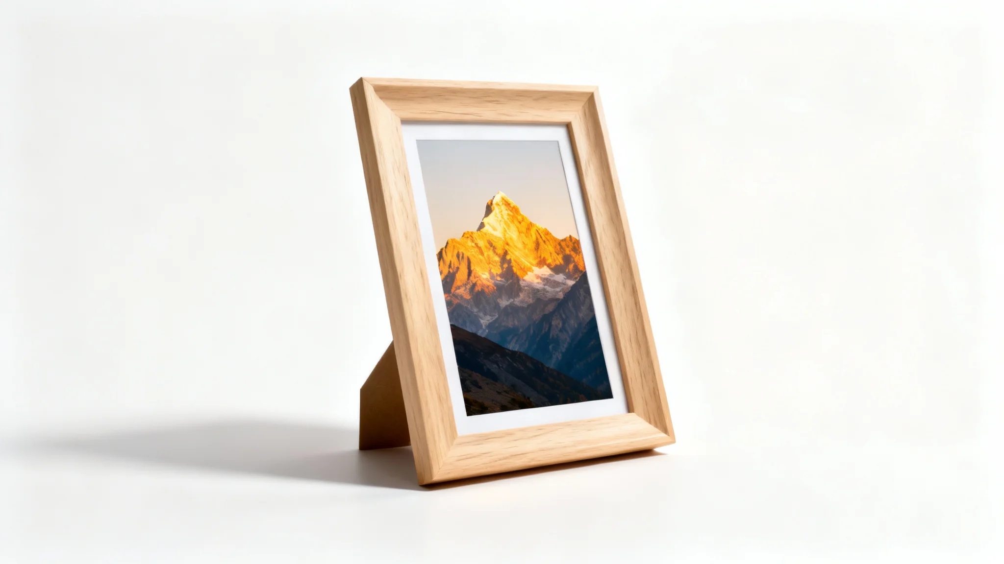 A high-quality light oak wood photo frame holding a picture of a sunlit mountain landscape, displayed against a clean white background.