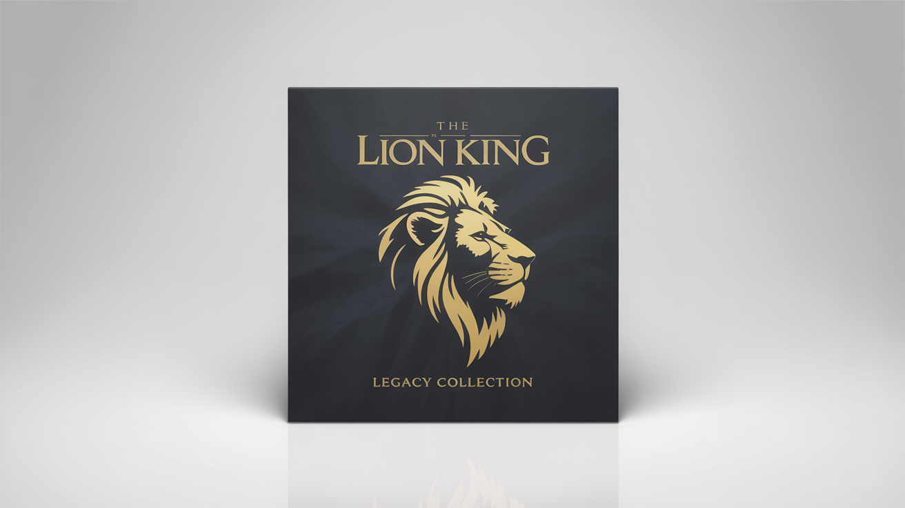 A digital mockup of a modern, minimalist album cover for The Lion King, featuring a gold foil lion graphic on a charcoal background, with the title in elegant white text.