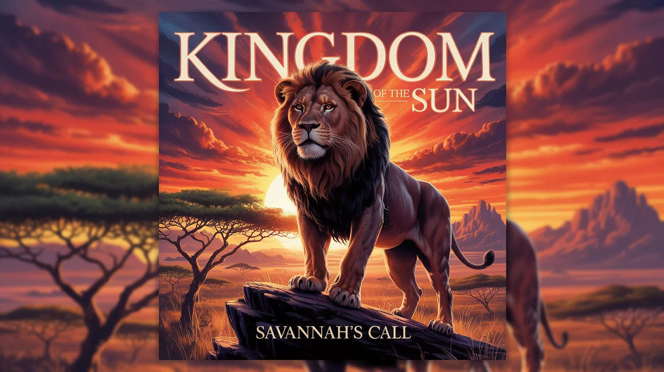 A mockup of an album cover titled 'Kingdom of the Sun' by 'Savannah's Call', featuring a majestic lion standing on a rock against a dramatic African sunset.
