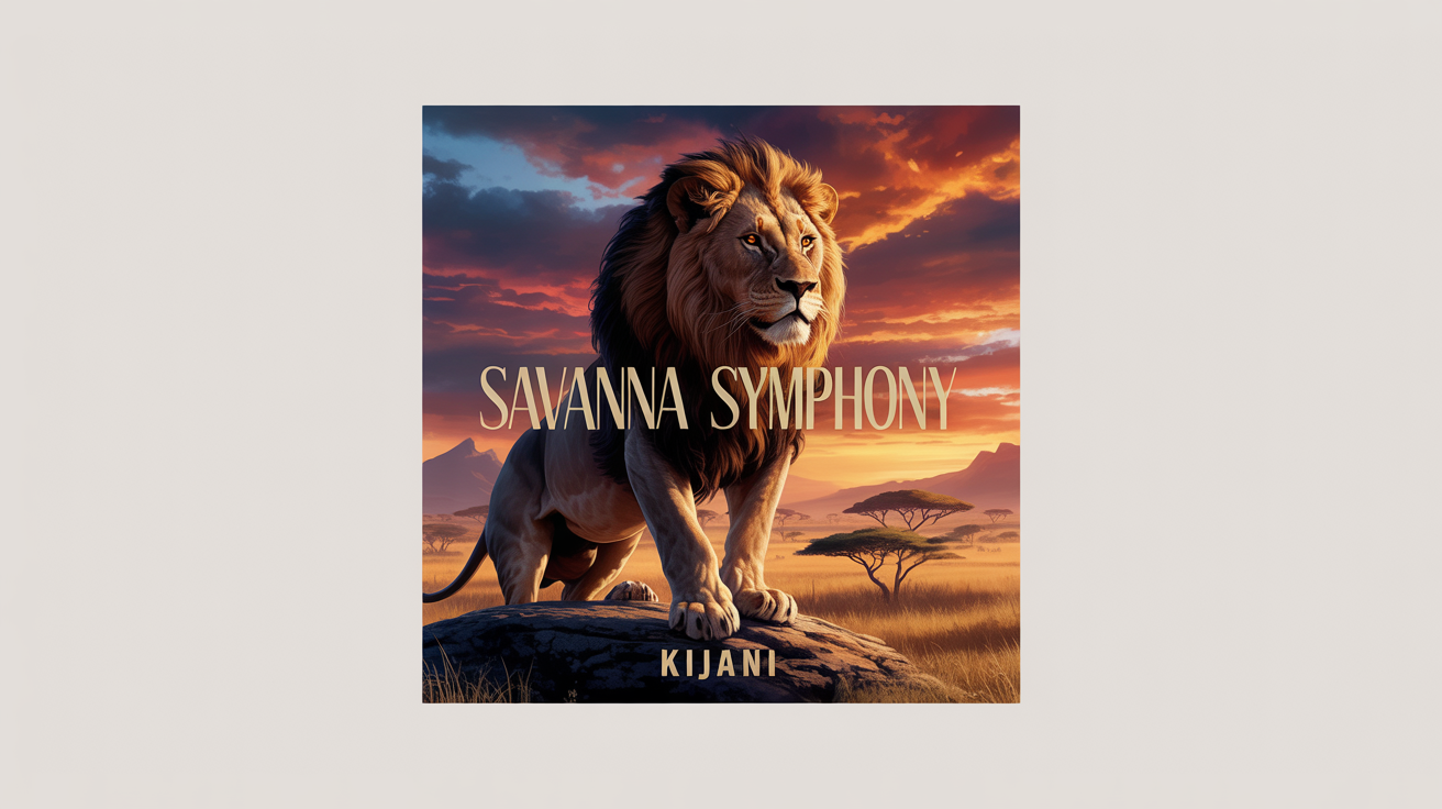 A mockup of an album cover inspired by the Lion King, showing a majestic lion on a rocky cliff overlooking the savanna at sunset. The title 'Savanna Symphony' is written in gold.