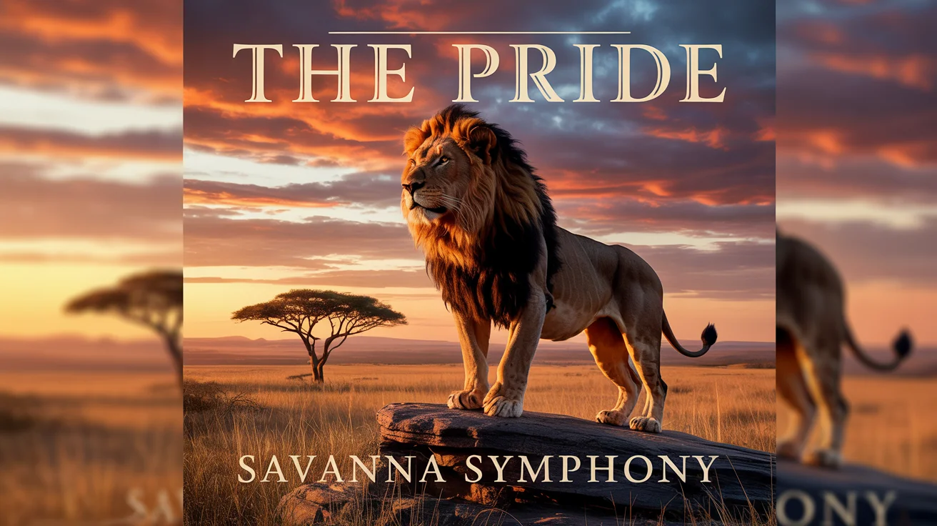 A mockup of an album cover titled 'SAVANNA SYMPHONY' by 'THE PRIDE'. The cover features a majestic lion on a rock overlooking a dramatic African savanna at sunset.