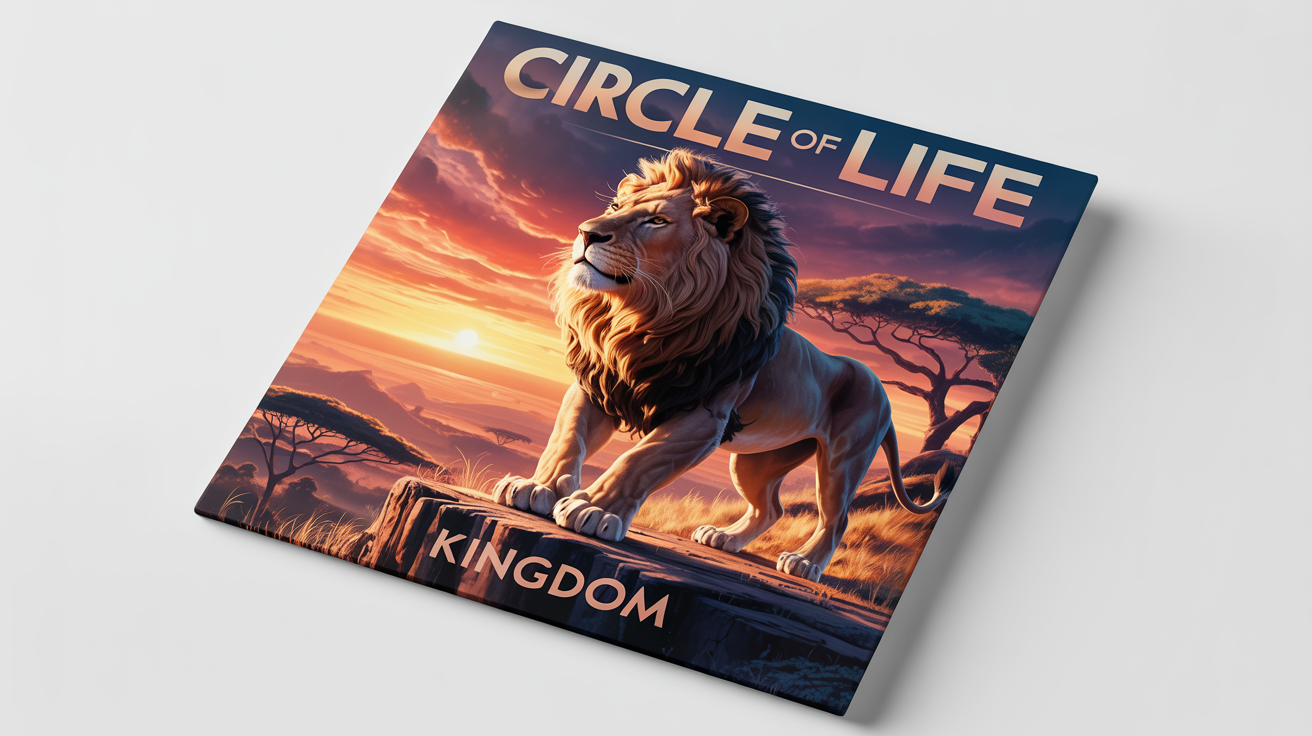 A mockup of a vinyl album cover titled 'Circle of Life' by the artist 'Kingdom', featuring a majestic lion standing on a cliff overlooking the savanna at sunset, set against a white background.
