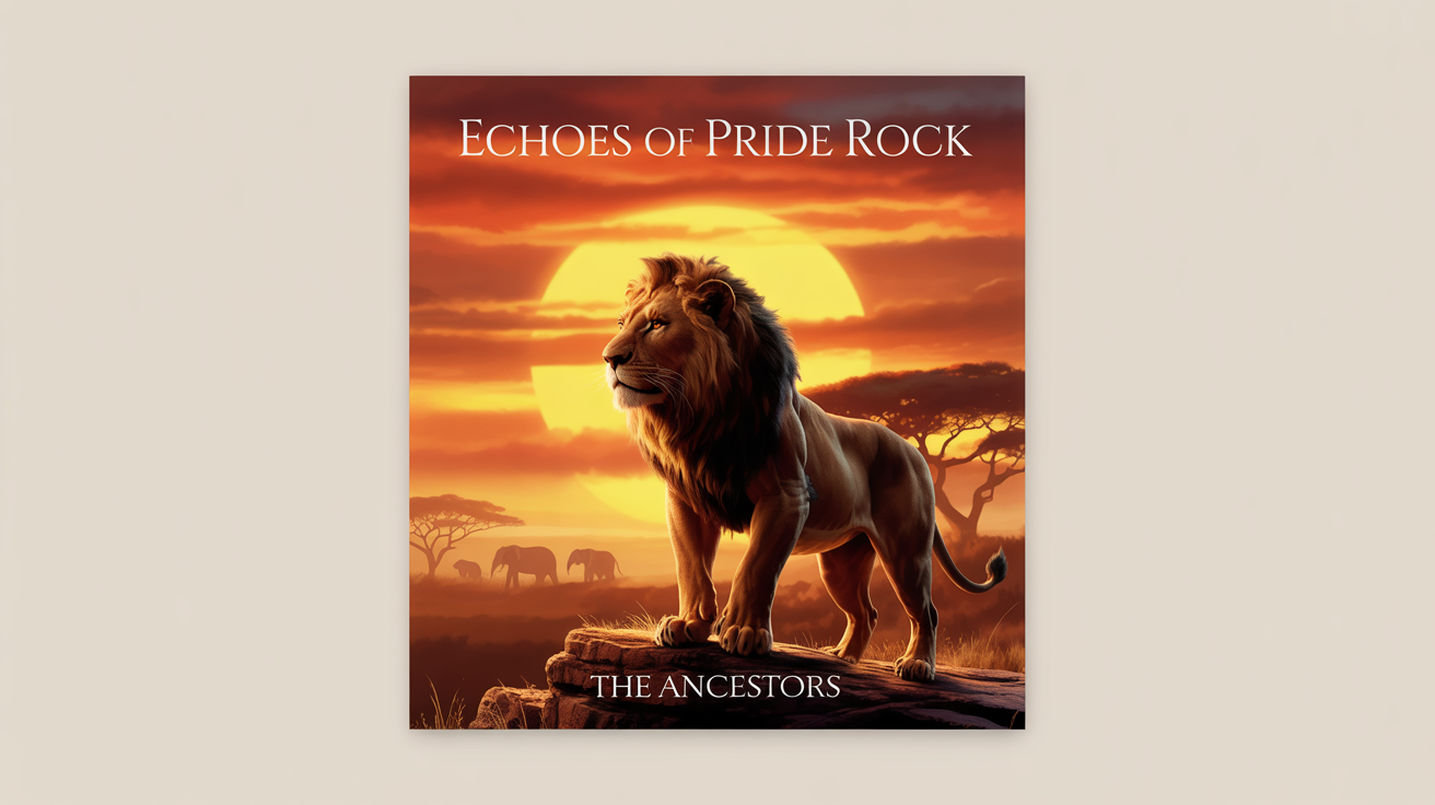 An album cover mockup titled 'Echoes of Pride Rock' by The Ancestors, featuring a majestic lion on a rock overlooking the savanna at sunrise.