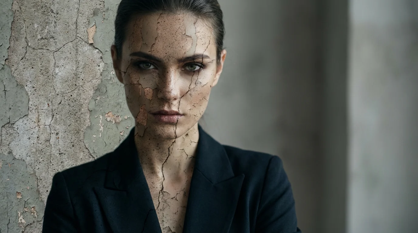 A professional fashion portrait of a model with a weathered concrete texture artistically overlaid on the image, creating a gritty, urban, double-exposure effect.