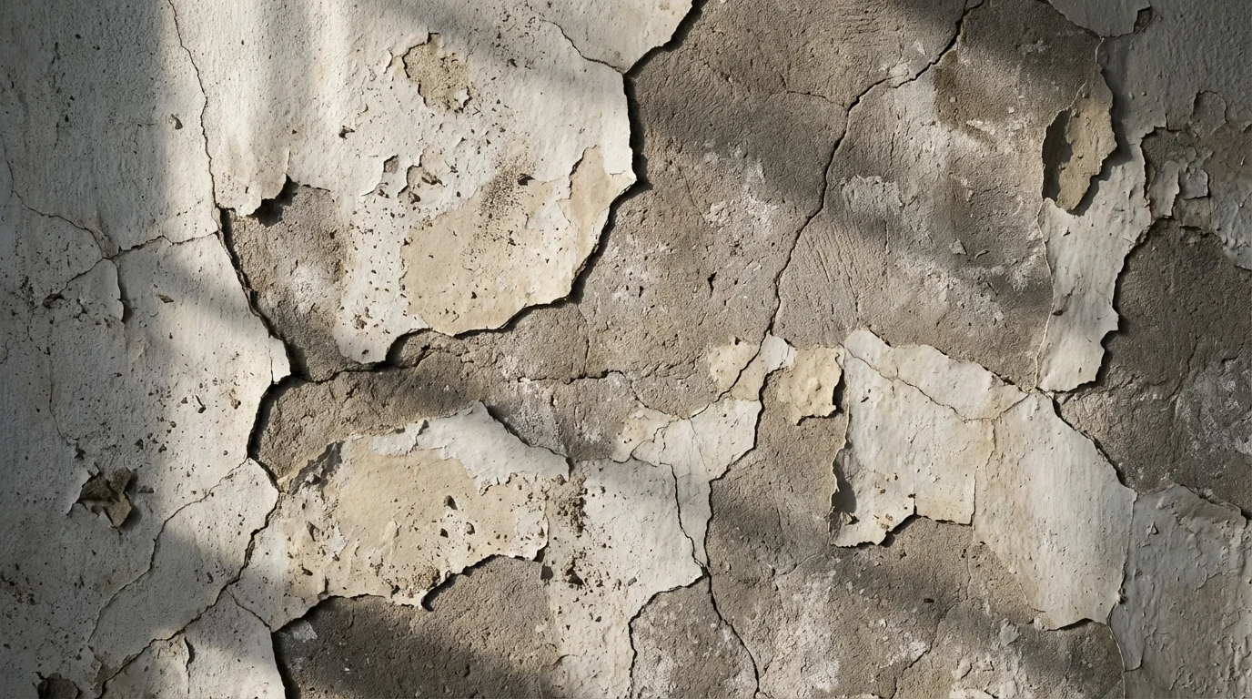 A hyper-detailed, photorealistic close-up of a distressed wall texture. The surface is a mix of peeling white paint and exposed grey concrete, with dramatic side lighting emphasizing its cracks and rough, uneven texture.