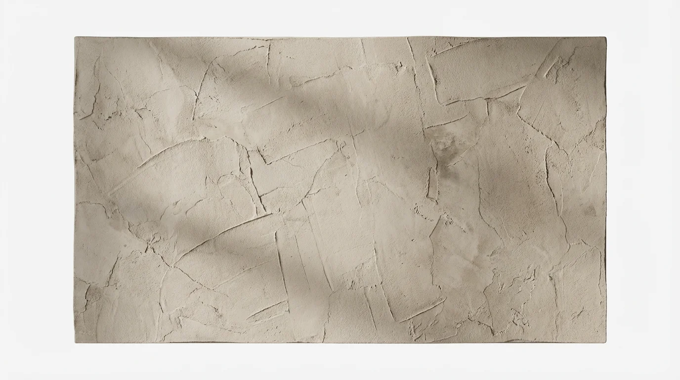 A photorealistic mockup of a beige Venetian plaster wall texture, shown flat against a white background with soft lighting highlighting its detailed, imperfect surface.
