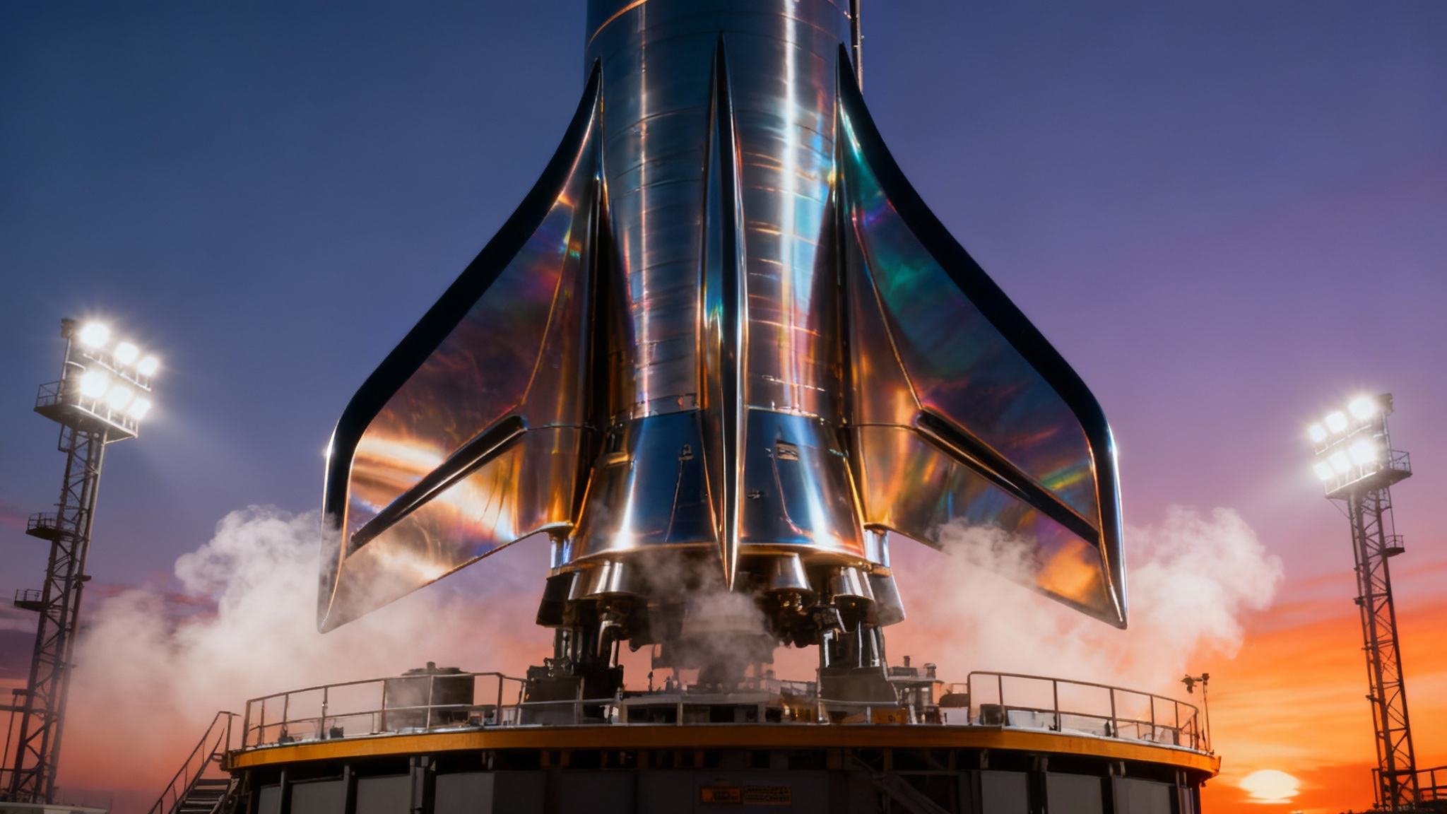 A dramatic, hyper-realistic close-up of the intricately designed fins on a futuristic rocket, gleaming under sunset and spotlight lighting on a launch pad, ready for launch.