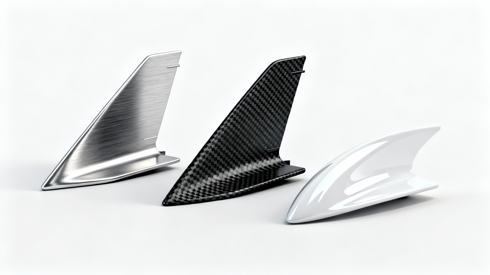 A collection of three modern rocket fin designs, displayed as a product mockup on a white background, showcasing different materials like metal and carbon fiber.