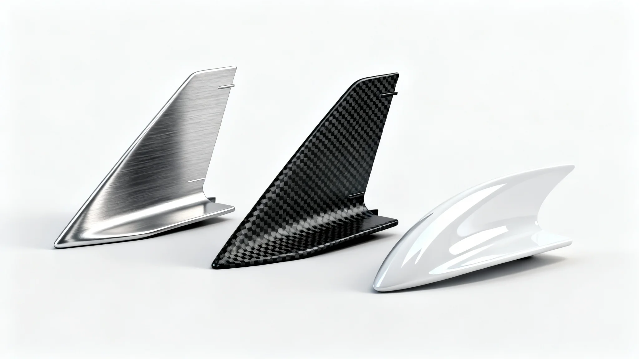 A collection of three modern rocket fin designs, displayed as a product mockup on a white background, showcasing different materials like metal and carbon fiber.