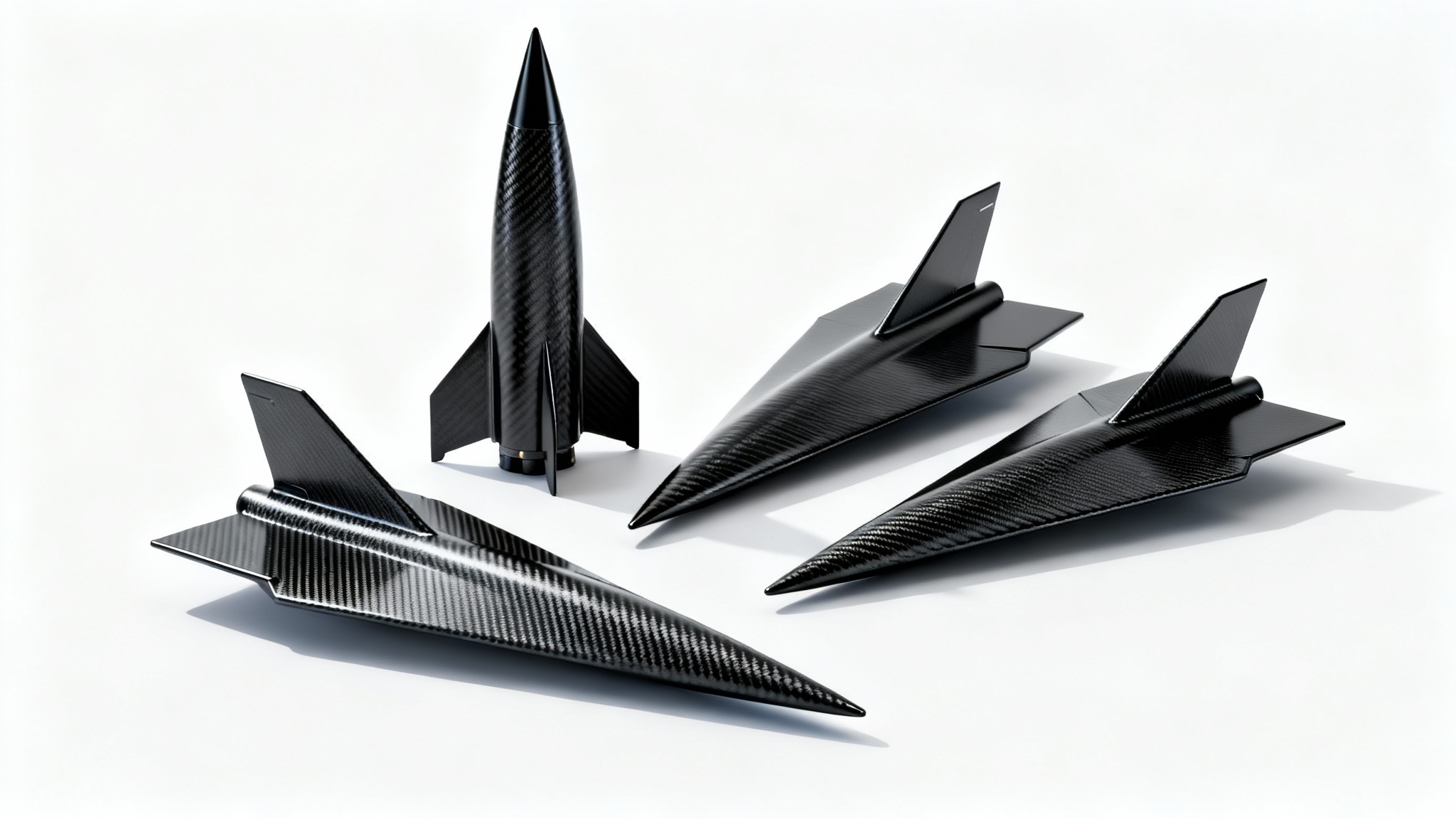 A set of four high-tech, matte black rocket fins with an aerodynamic design, displayed on a clean white background in a studio setting.