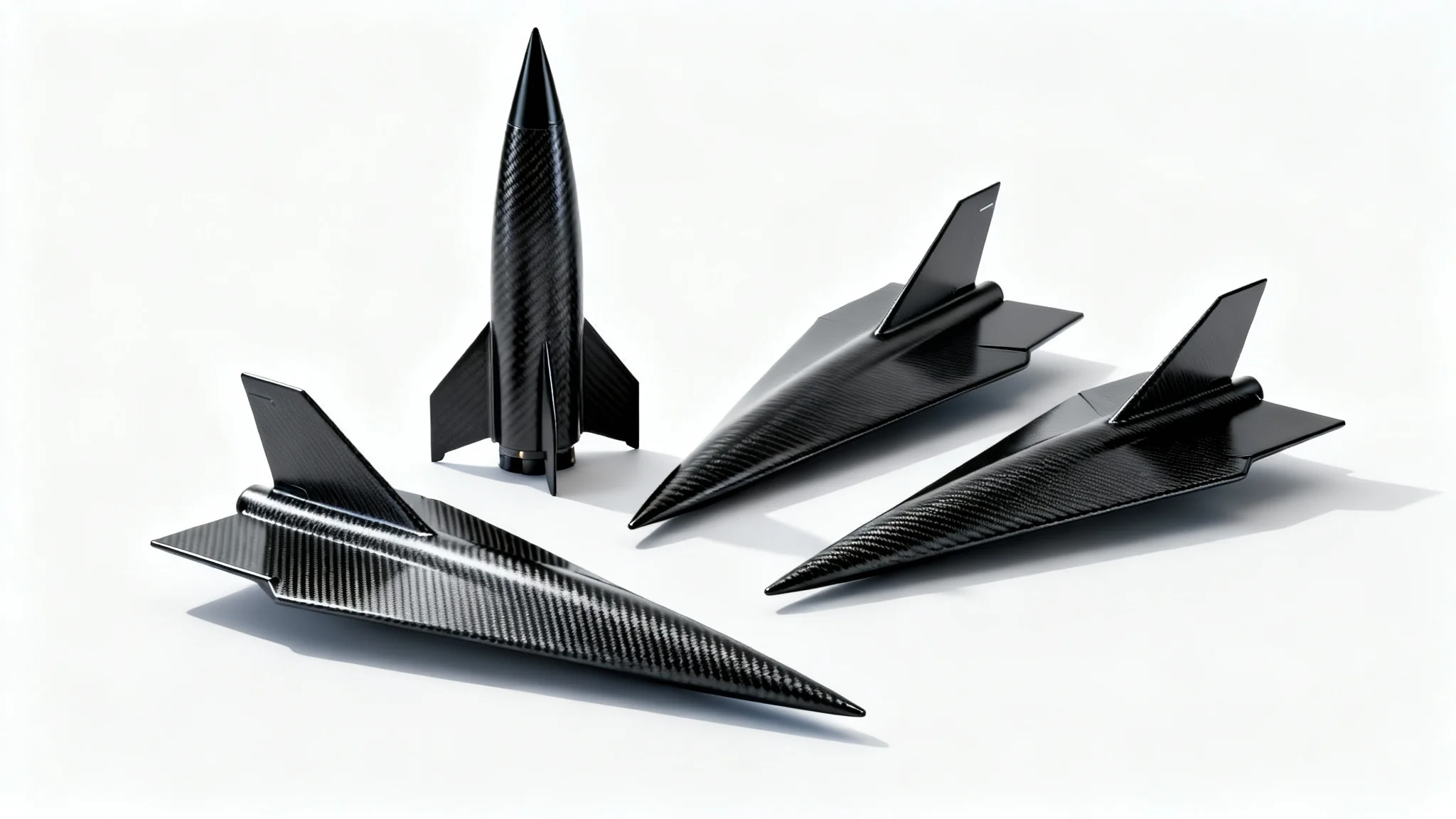 A set of four high-tech, matte black rocket fins with an aerodynamic design, displayed on a clean white background in a studio setting.