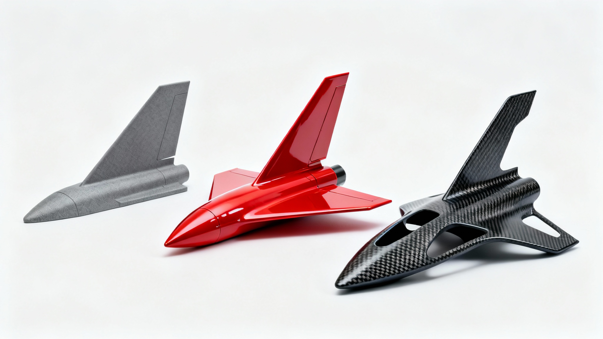 A photorealistic mockup of three different rocket fin designs in red, gray, and carbon fiber, displayed on a clean white background to showcase their shapes and materials.