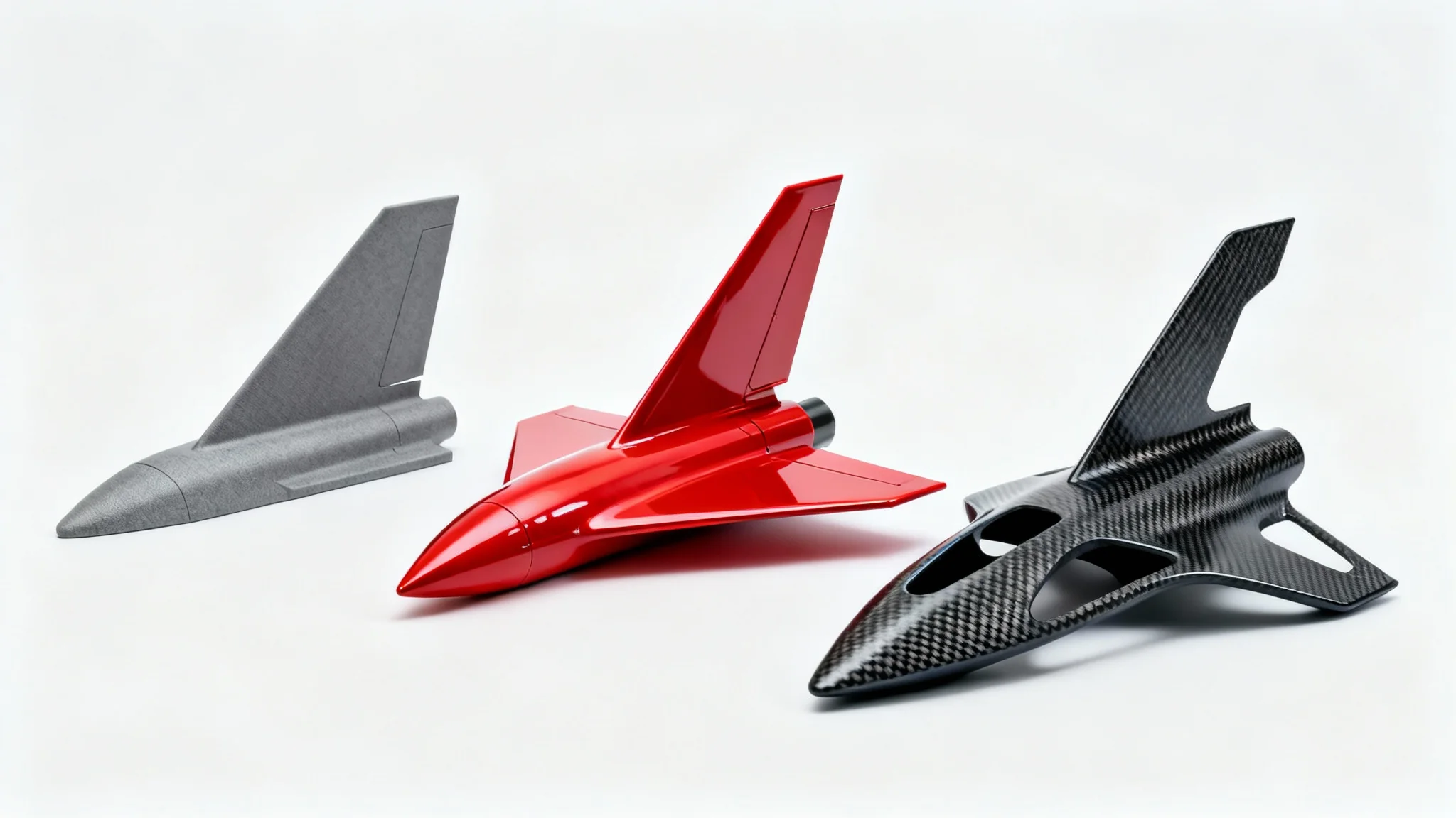 A photorealistic mockup of three different rocket fin designs in red, gray, and carbon fiber, displayed on a clean white background to showcase their shapes and materials.