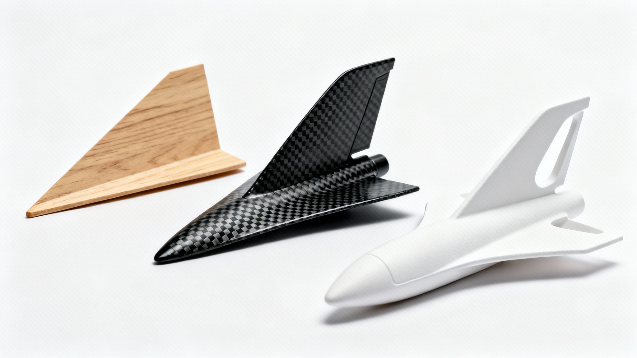 A photorealistic image displaying three different model rocket fin designs on a white background, showcasing various materials like wood, carbon fiber, and white composite.