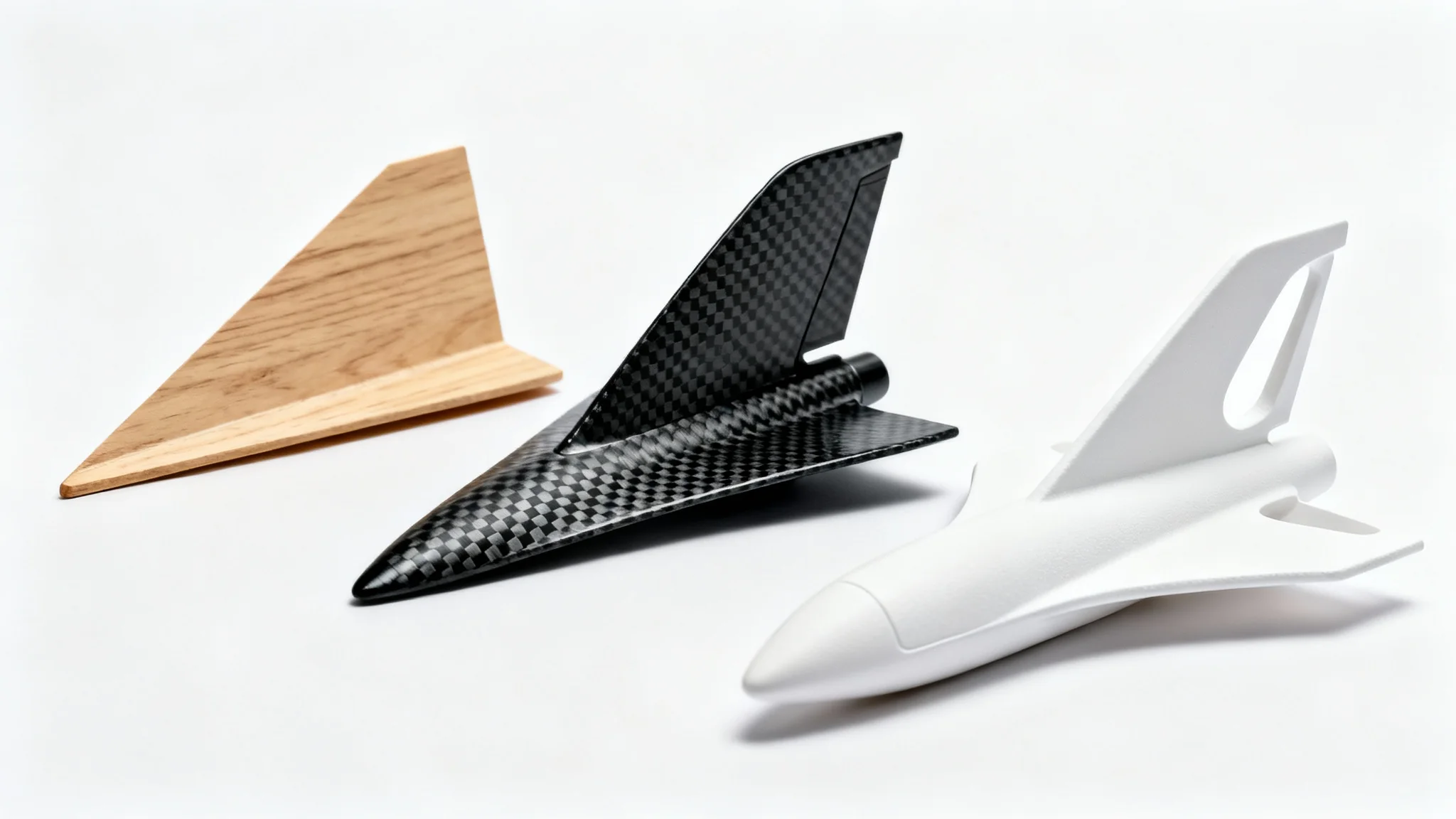 A photorealistic image displaying three different model rocket fin designs on a white background, showcasing various materials like wood, carbon fiber, and white composite.