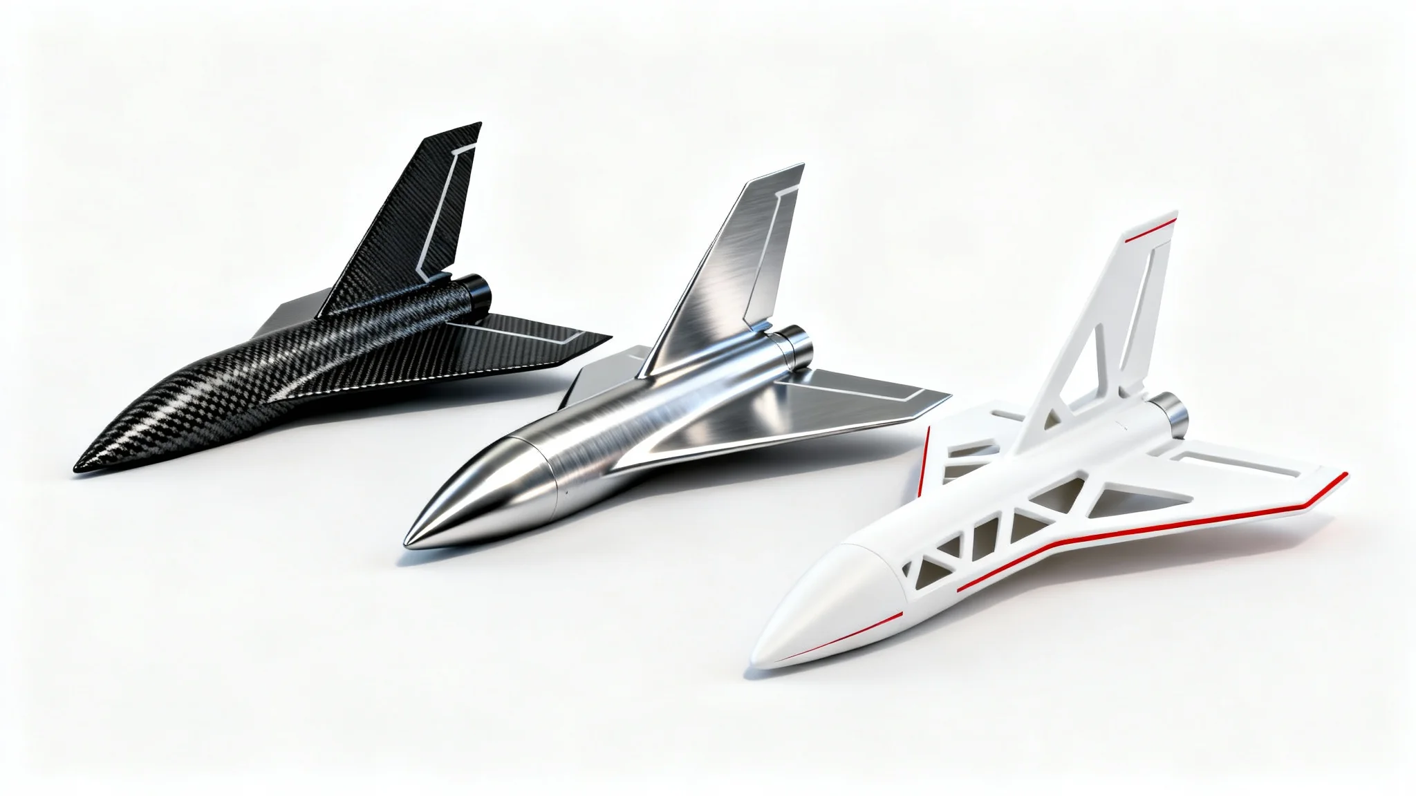 A photorealistic mockup of three distinct rocket fin designs—one black carbon fiber, one silver aluminum, and one white composite—showcased against a clean white background.