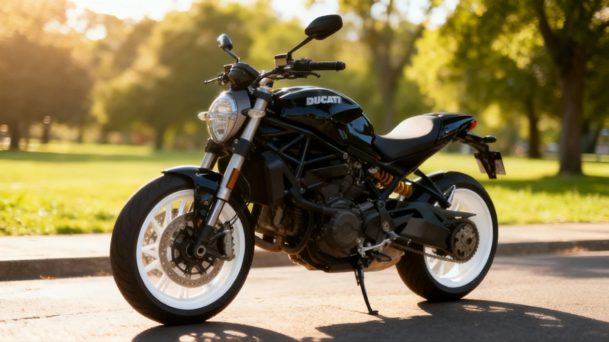 A photorealistic image of a glossy black Ducati motorcycle featuring custom, bright white wheels, parked on a sunny street next to a park.