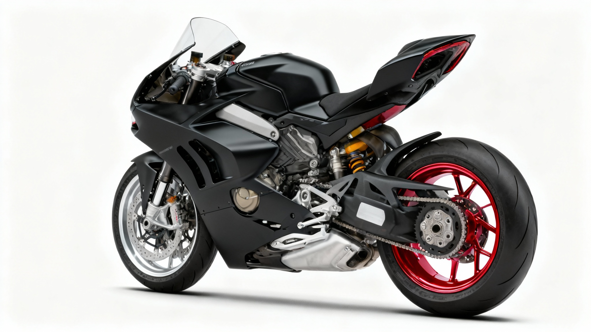 A modern black sport motorcycle in a white studio, showcasing a color change with a standard silver front wheel and a custom vibrant red rear wheel.