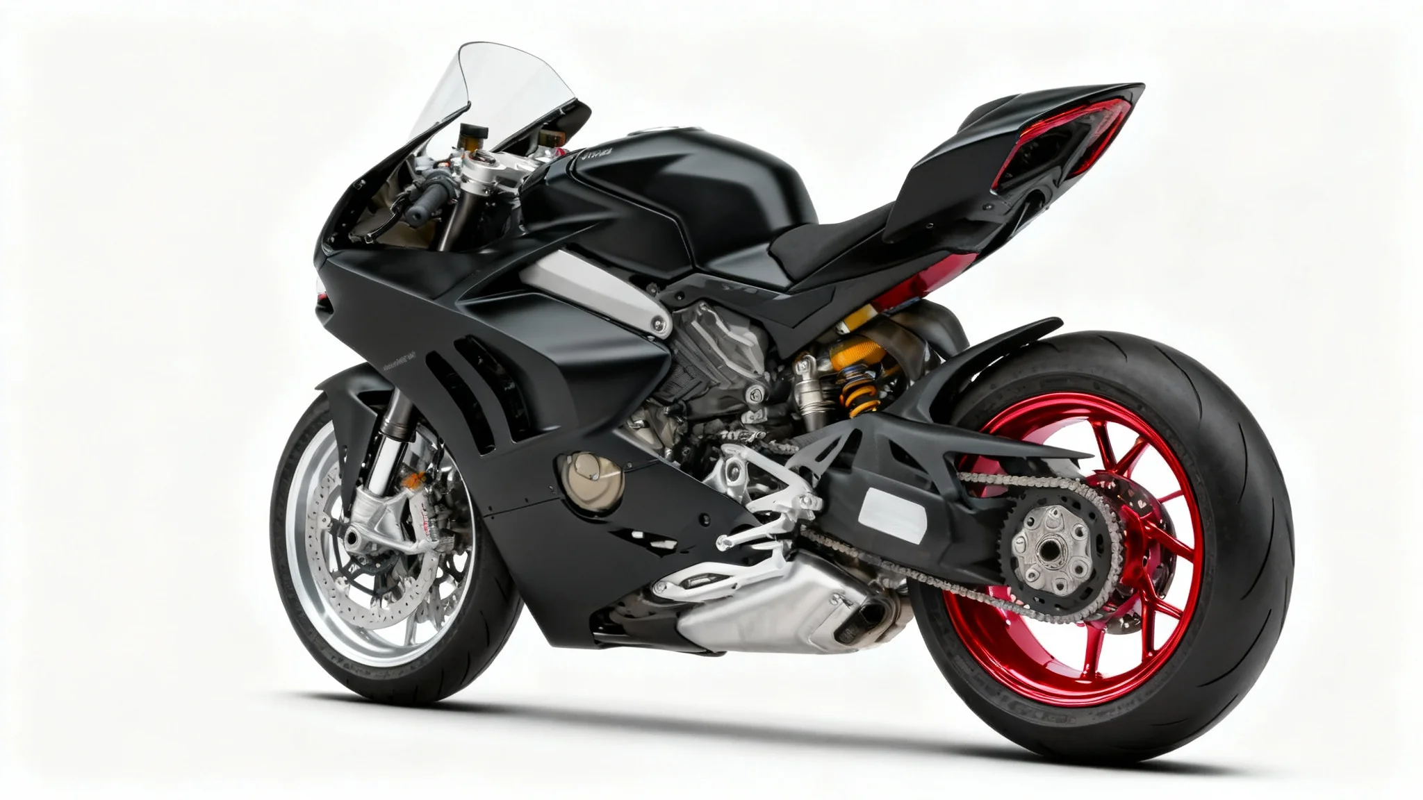 A modern black sport motorcycle in a white studio, showcasing a color change with a standard silver front wheel and a custom vibrant red rear wheel.