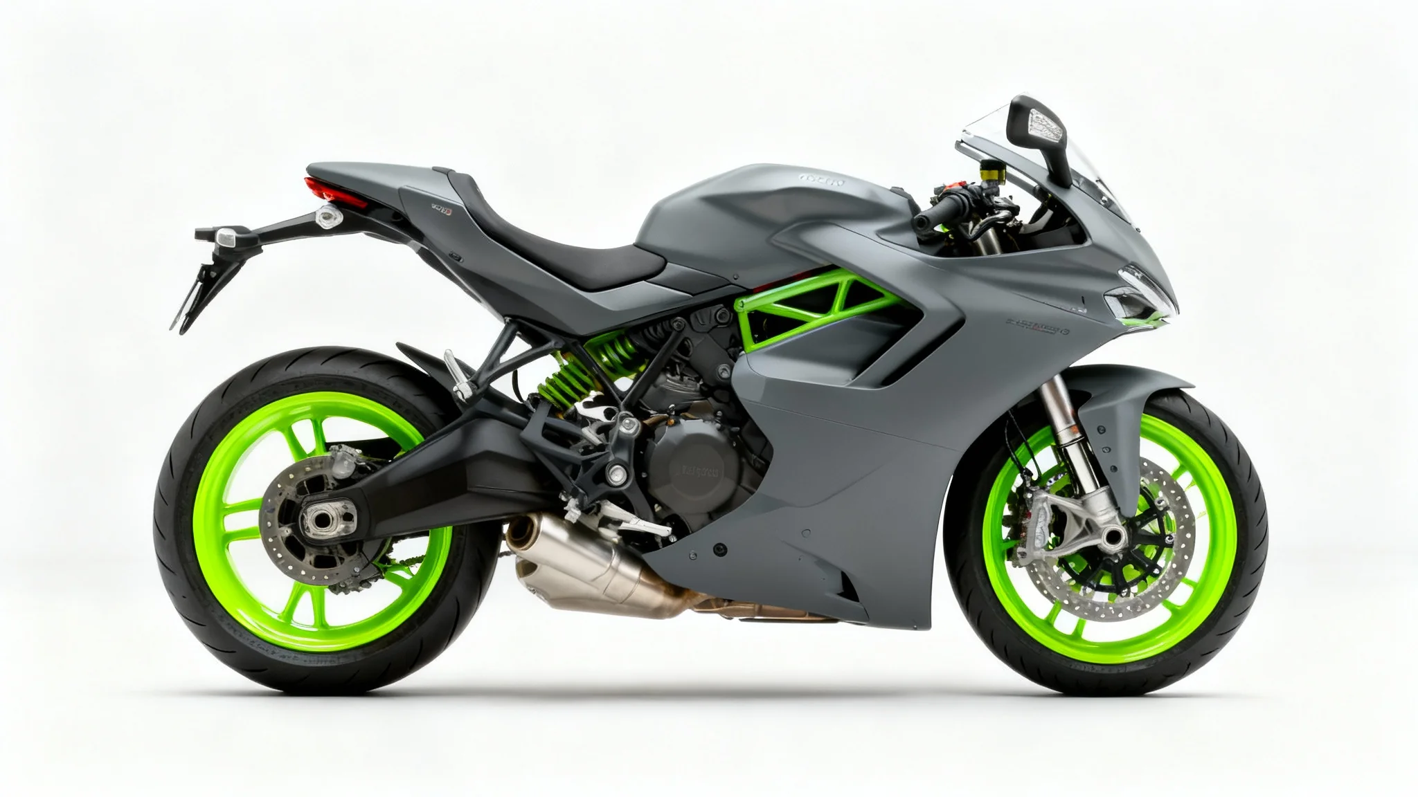 A modern, matte grey sport motorcycle shown from the side against a white background, highlighting its custom wheels which are painted a vibrant electric green.