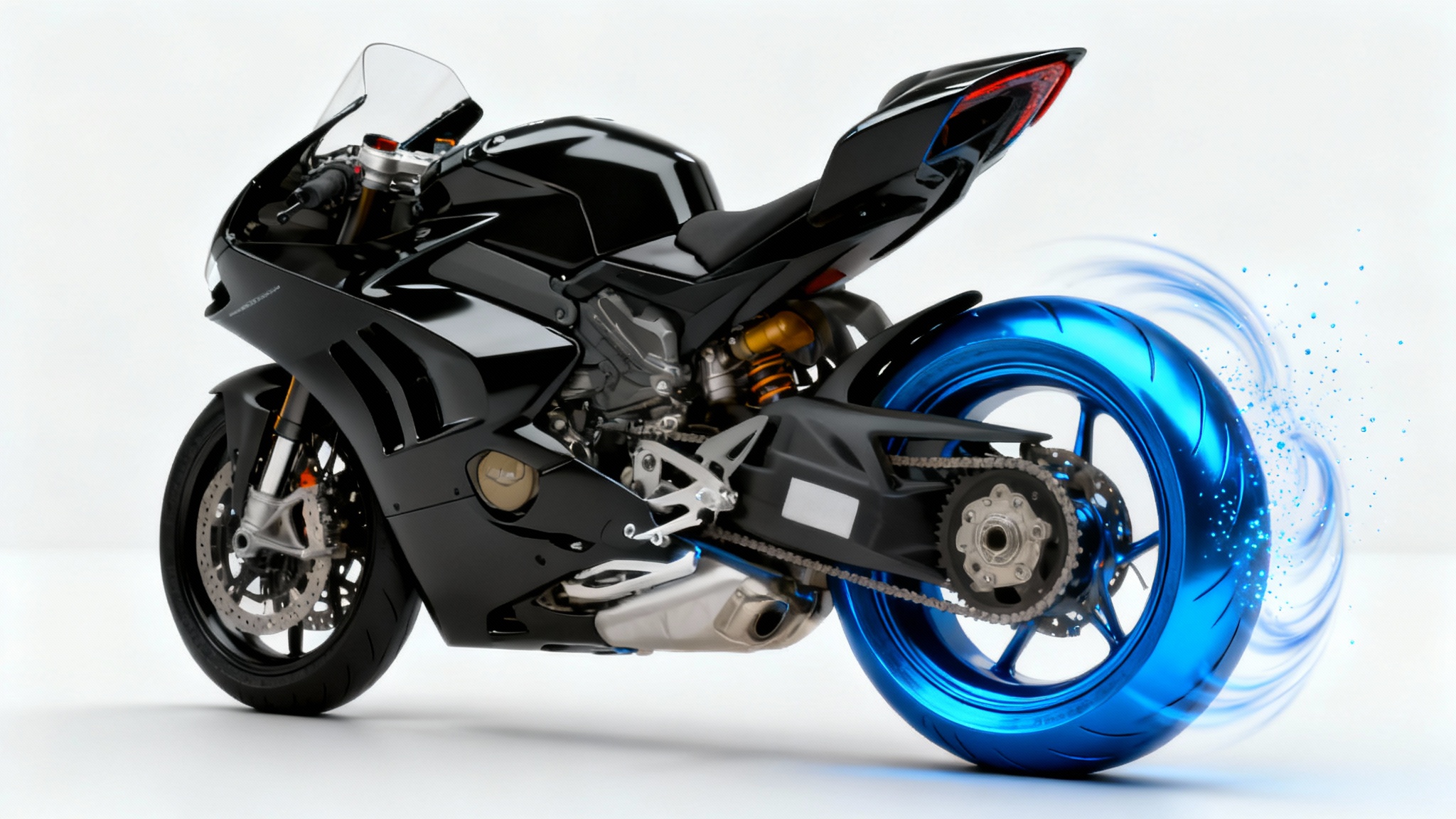 A modern black sport motorcycle in a studio, with its rear wheel shown mid-transformation from black to a vibrant metallic blue to showcase a color change feature.