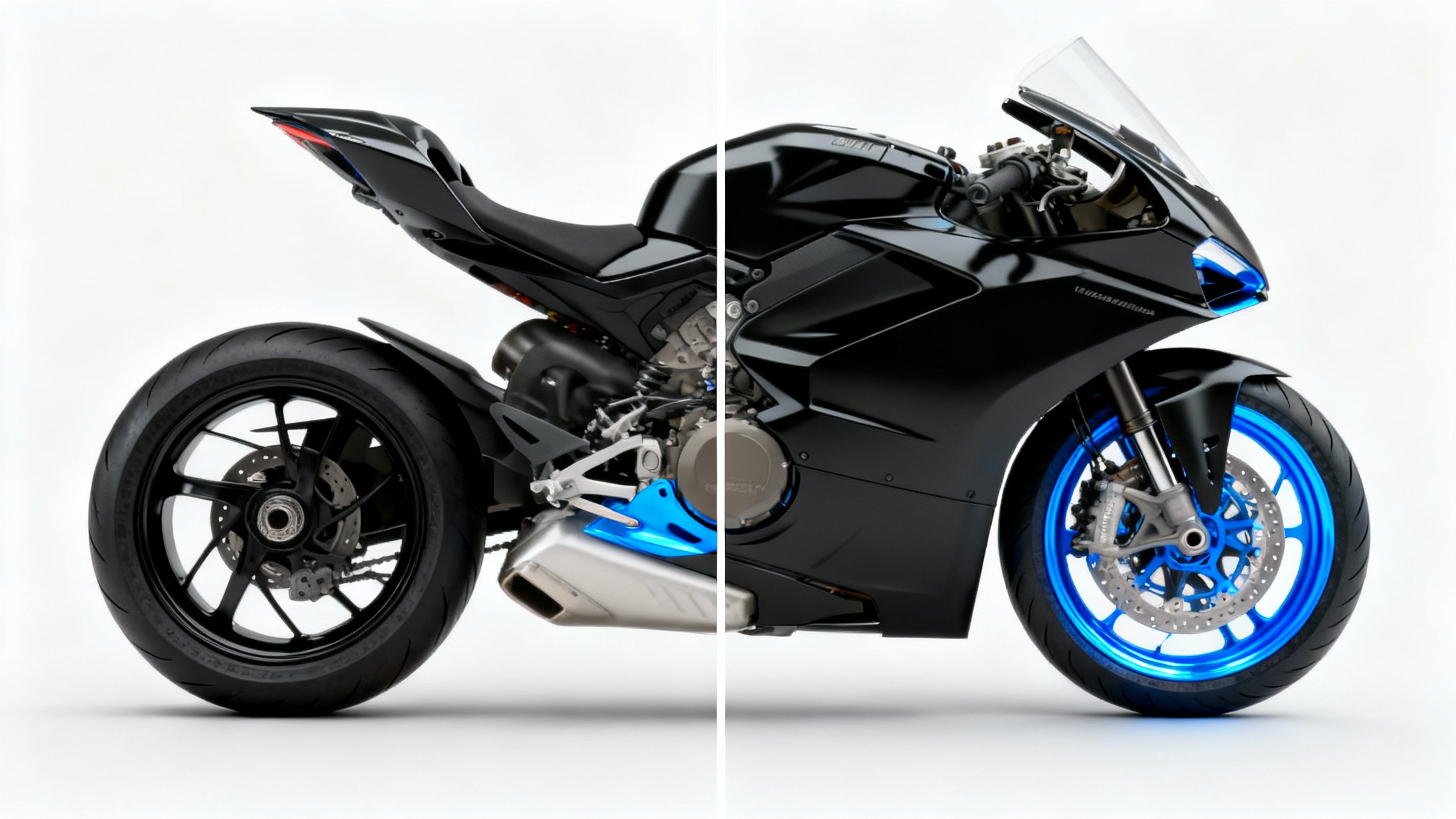 A conceptual image of a modern black sports motorcycle on a white background, with the image split to show the wheels in both standard black and a vibrant custom electric blue color.