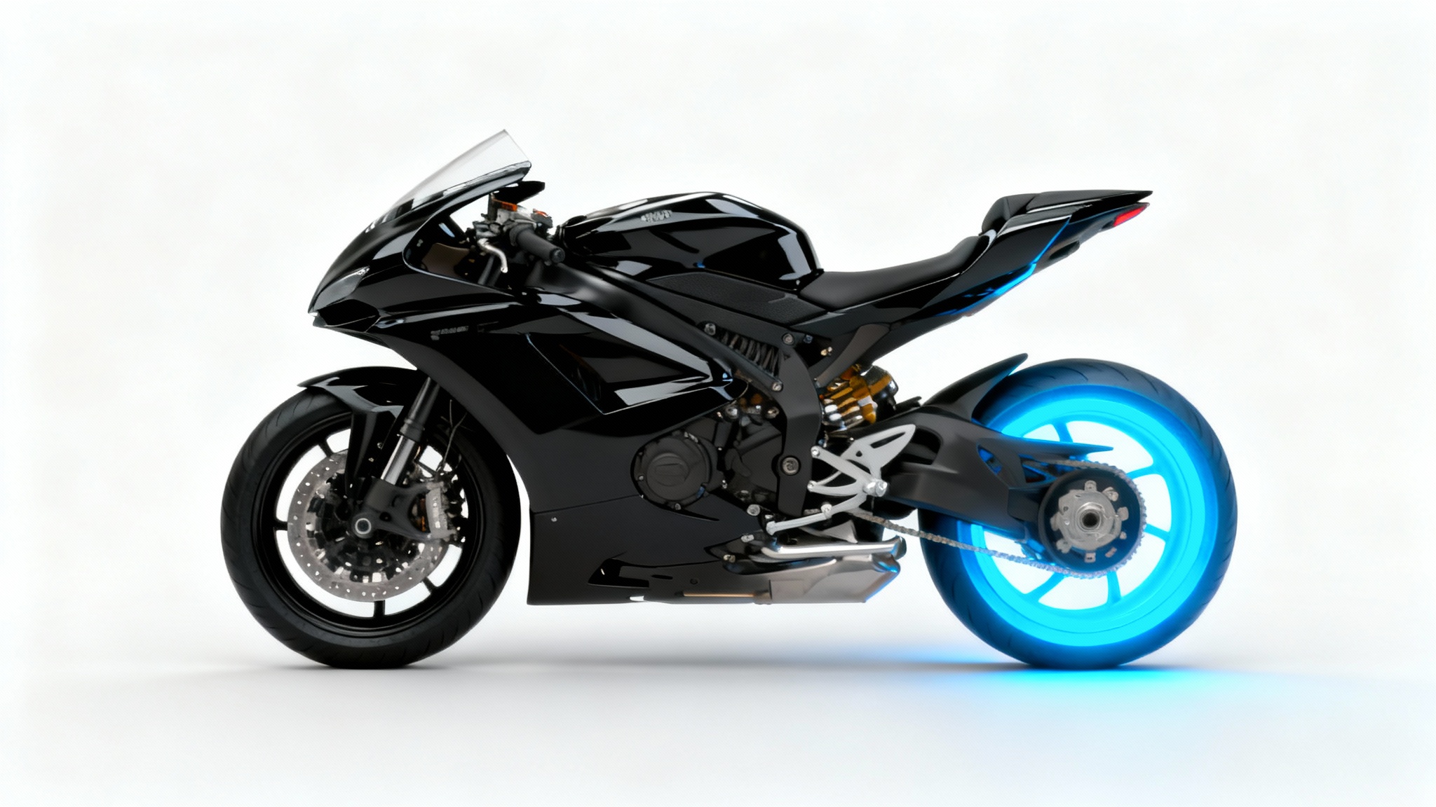 A photorealistic image of a sleek black sports motorcycle on a white background, with a standard black front wheel and a custom, vibrant electric blue rear wheel.