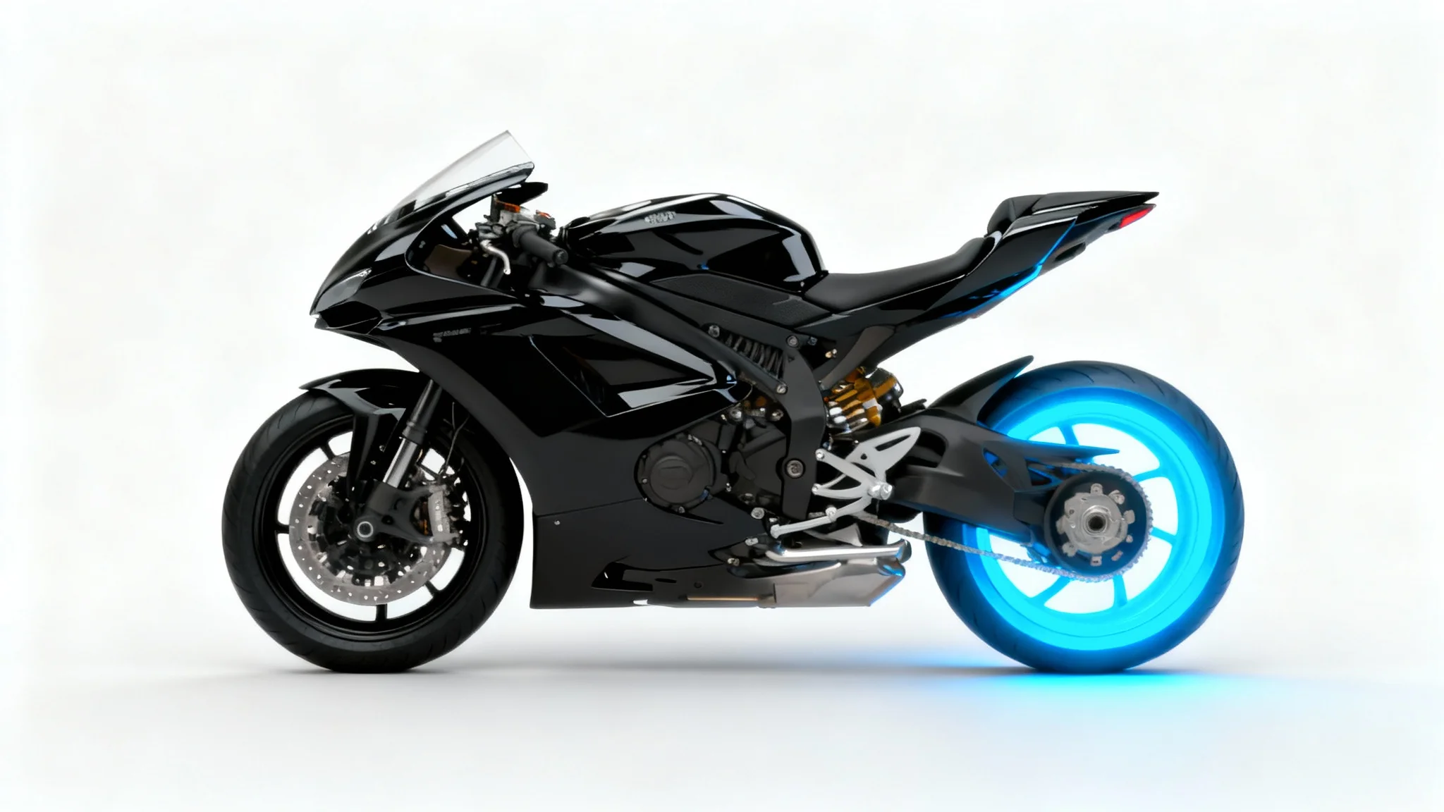 A photorealistic image of a sleek black sports motorcycle on a white background, with a standard black front wheel and a custom, vibrant electric blue rear wheel.