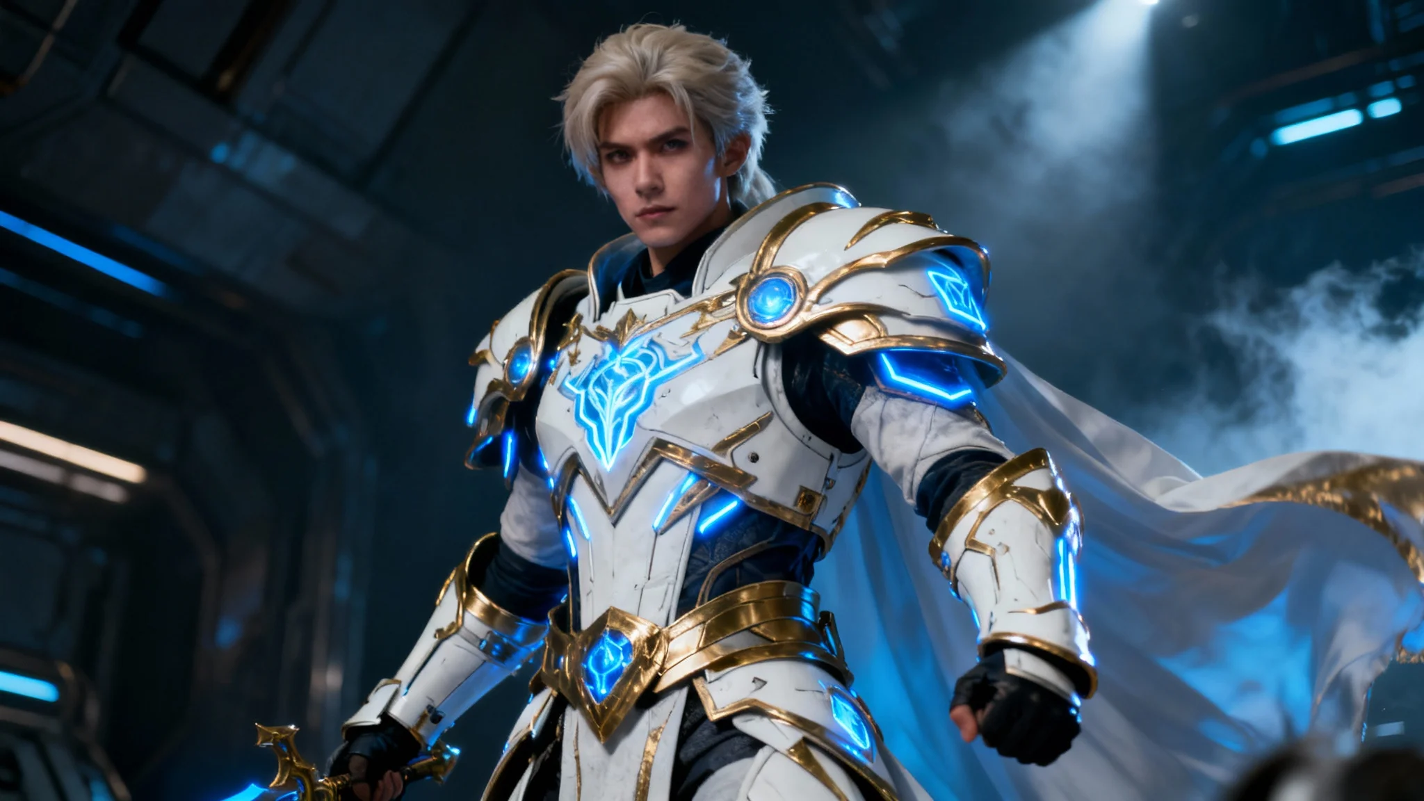 A hyper-realistic image of a person in a stunningly detailed white and gold science-fantasy armor set, with glowing blue lights, posing heroically in a cinematic style.