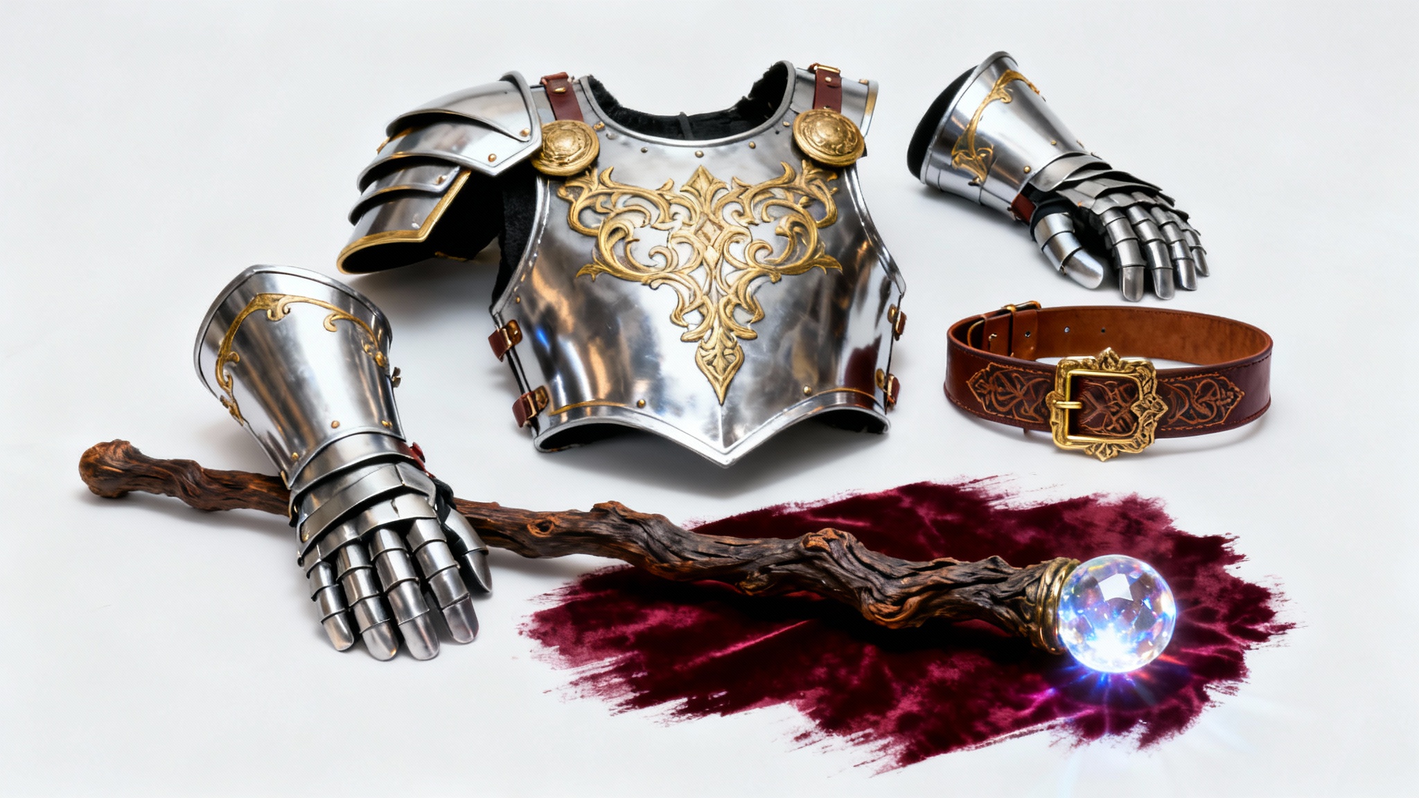 A flat lay of high-quality fantasy cosplay items on a white background, including a steel breastplate, leather belt, gauntlets, and a magical staff.