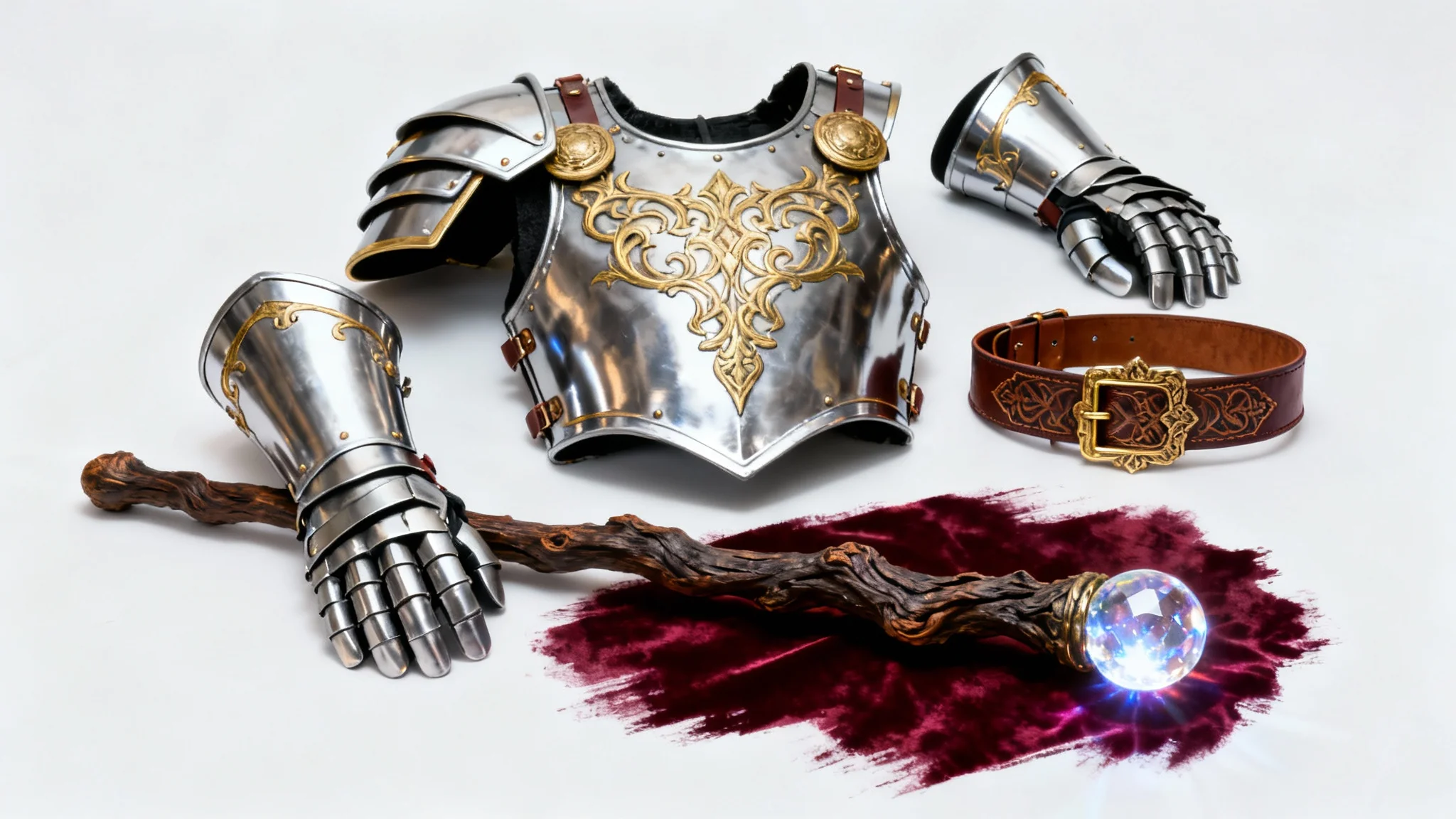 A flat lay of high-quality fantasy cosplay items on a white background, including a steel breastplate, leather belt, gauntlets, and a magical staff.
