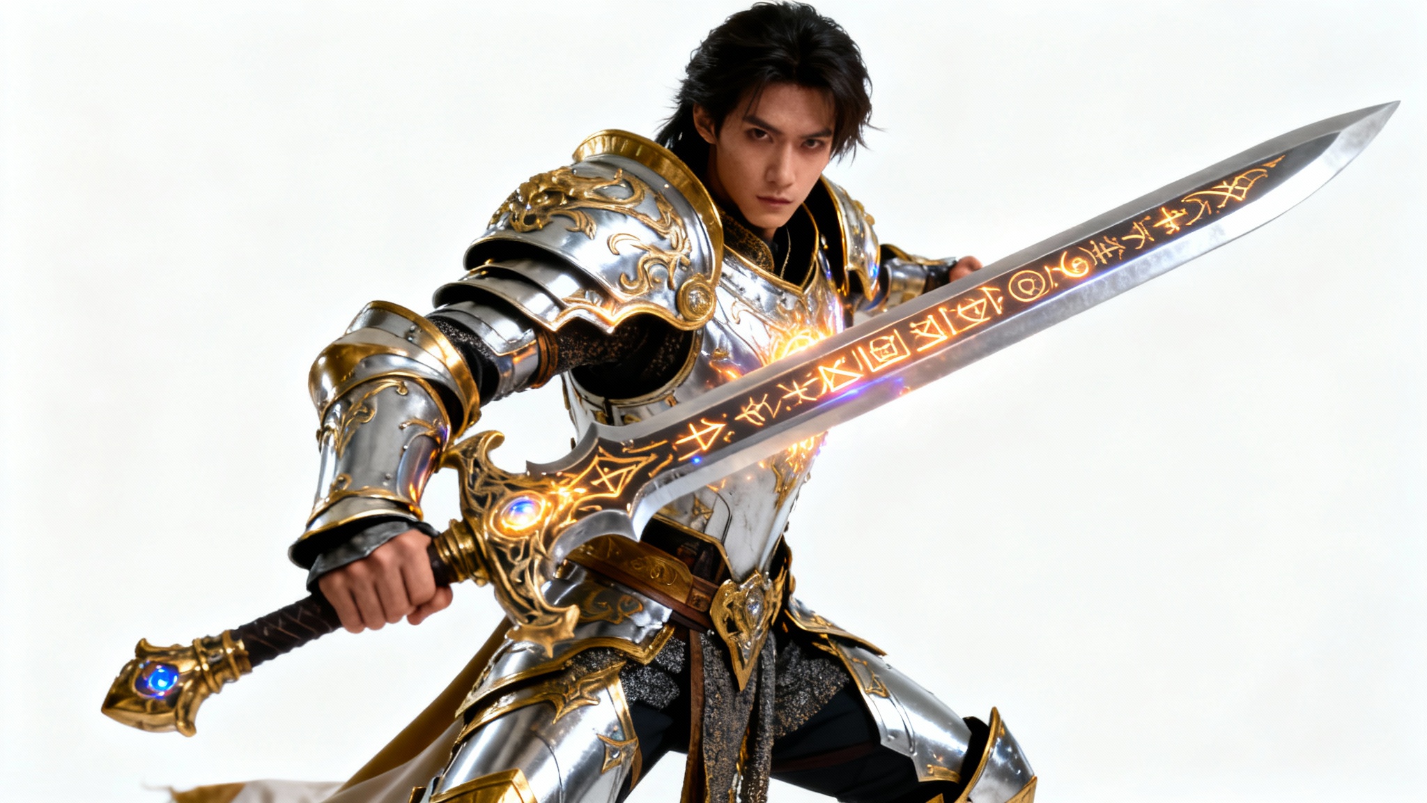 A full-body shot of a cosplayer in a highly detailed, silver and gold fantasy armor costume, posing with a large sword against a plain white background.