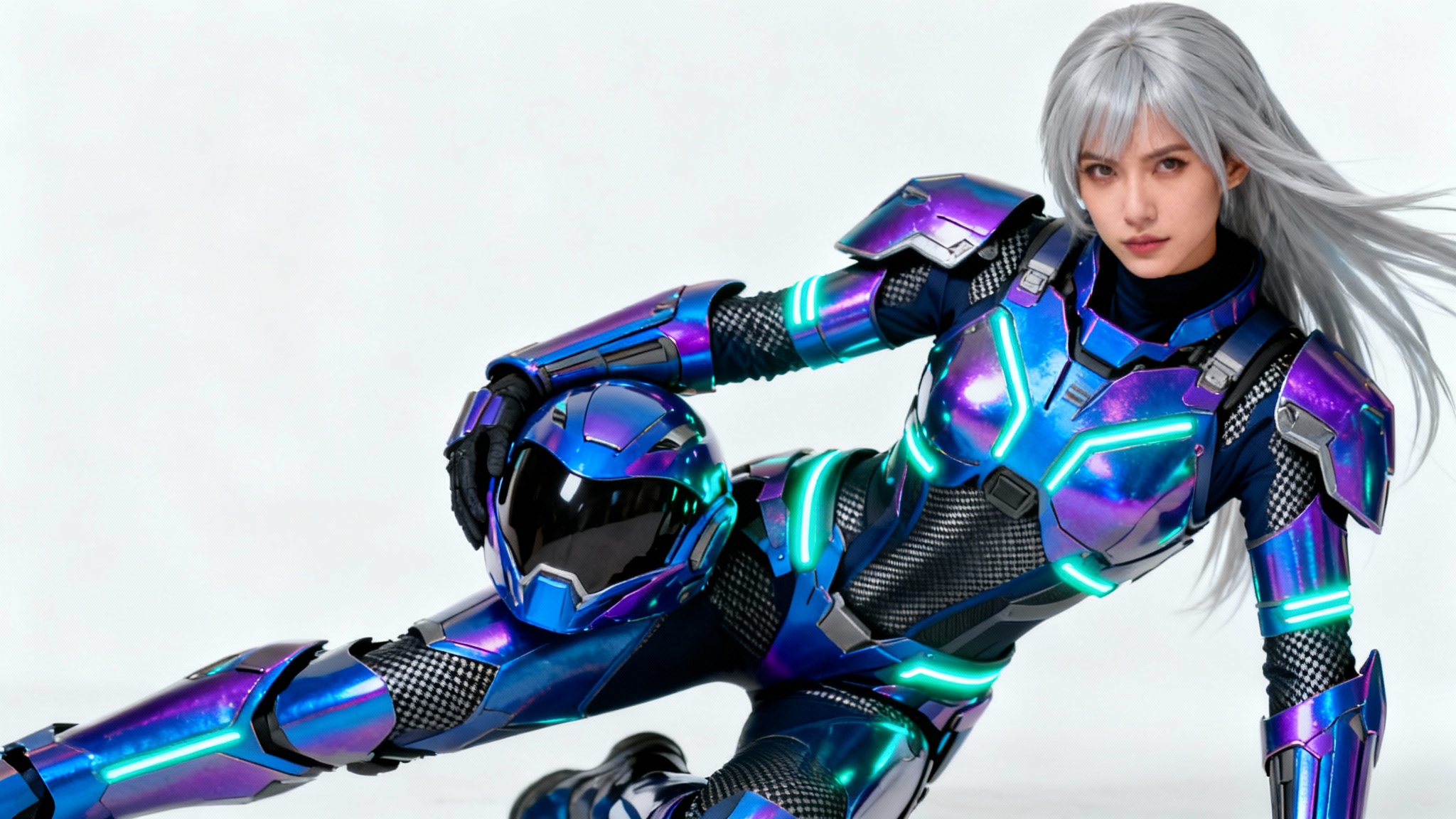 A female cosplayer in detailed, futuristic blue and purple armor with glowing teal lights, posing confidently against a white background.
