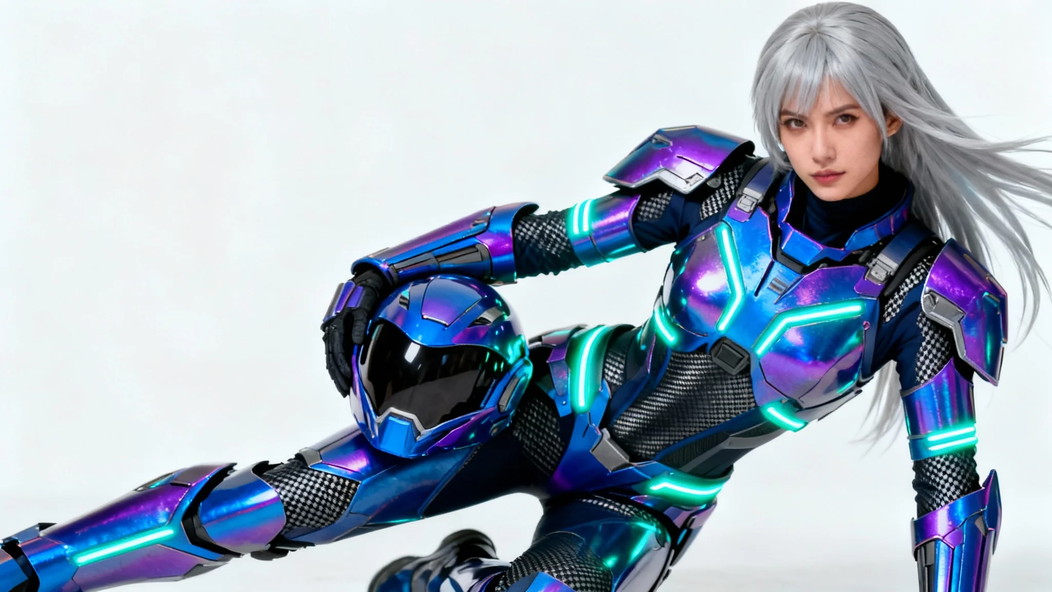 A female cosplayer in detailed, futuristic blue and purple armor with glowing teal lights, posing confidently against a white background.