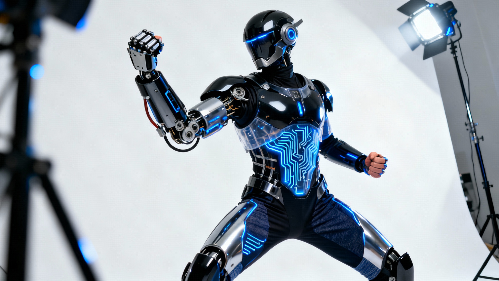 A full-body photo of a person in a highly detailed futuristic cyborg cosplay, featuring a chrome and black exosuit with glowing blue circuits, posing against a plain white background.