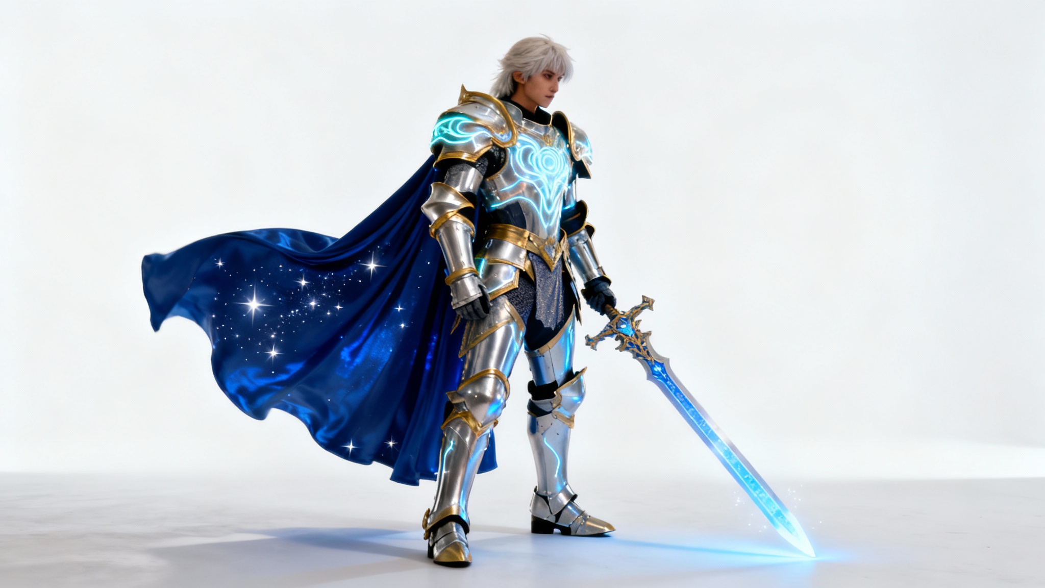 A full-body studio photograph of a cosplayer in an intricate celestial knight costume with glowing armor and a light-up sword, set against a plain white background.