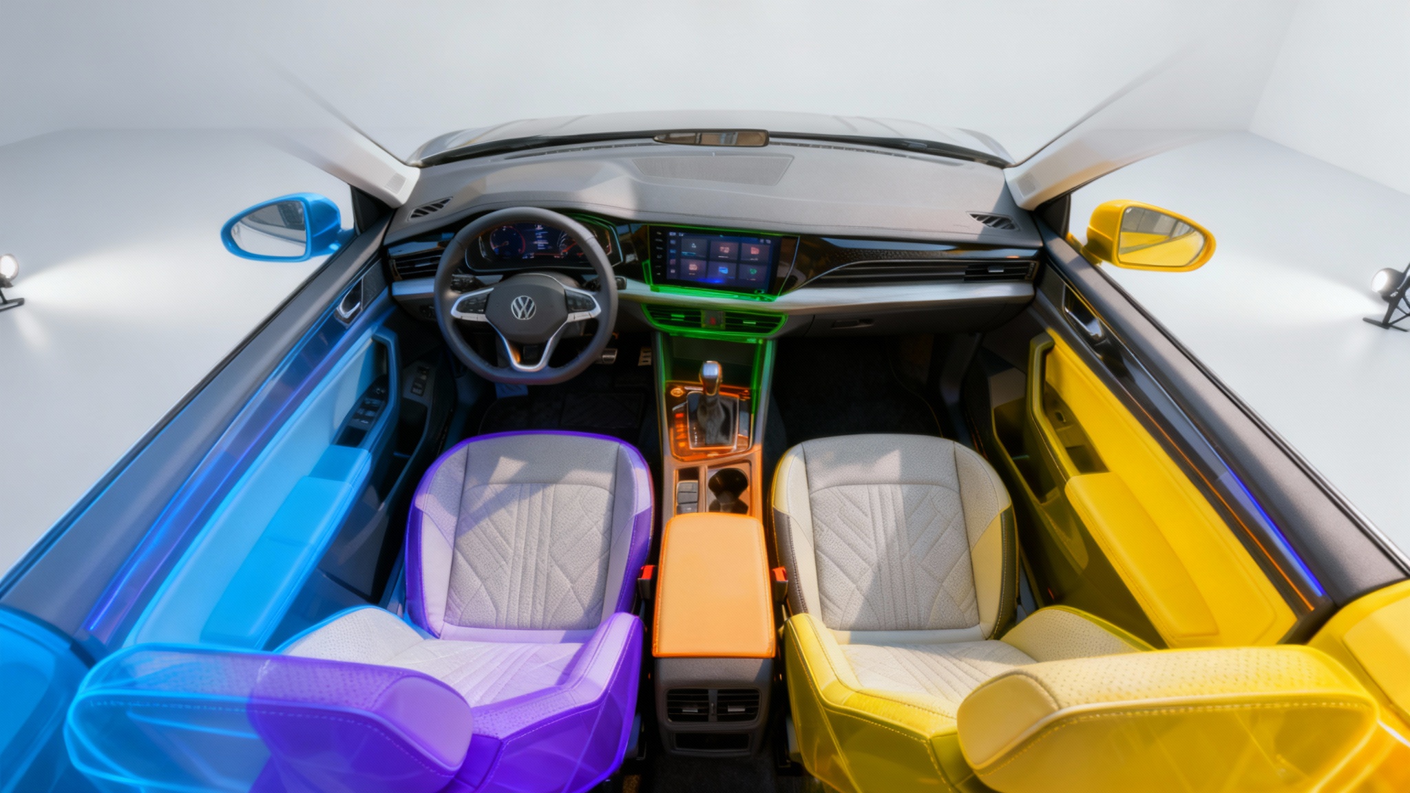 Result of car interior segmentation shown on an overhead view of a luxury car. The driver's seat is highlighted in blue, the passenger seat in purple, the dashboard in green, and the center console in orange, demonstrating the final output of an AI segmentation tool.