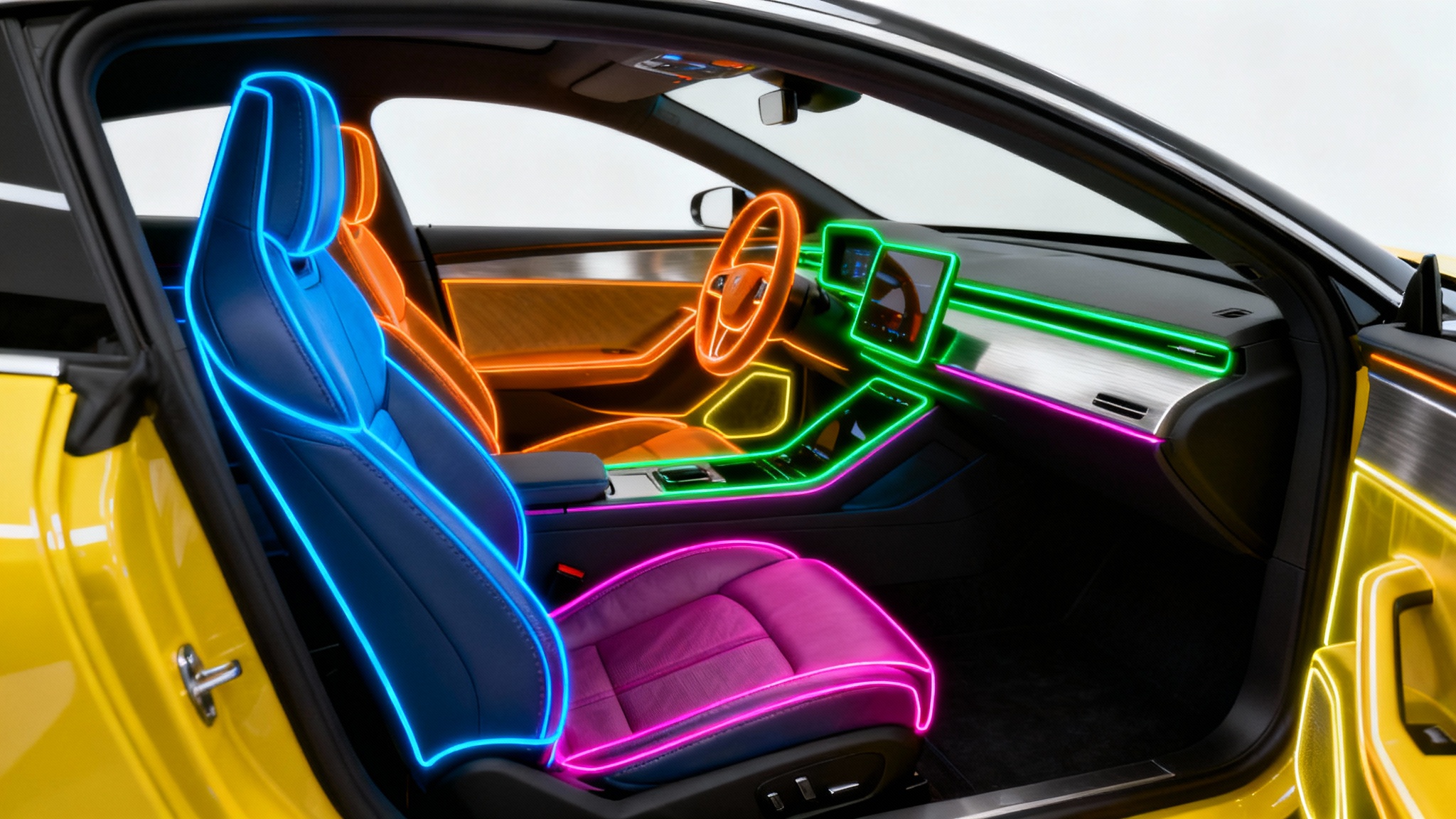 The interior of a modern luxury car with its components, seats, dashboard, steering wheel highlighted in different glowing colors, demonstrating the concept of AI-powered interior segmentation.