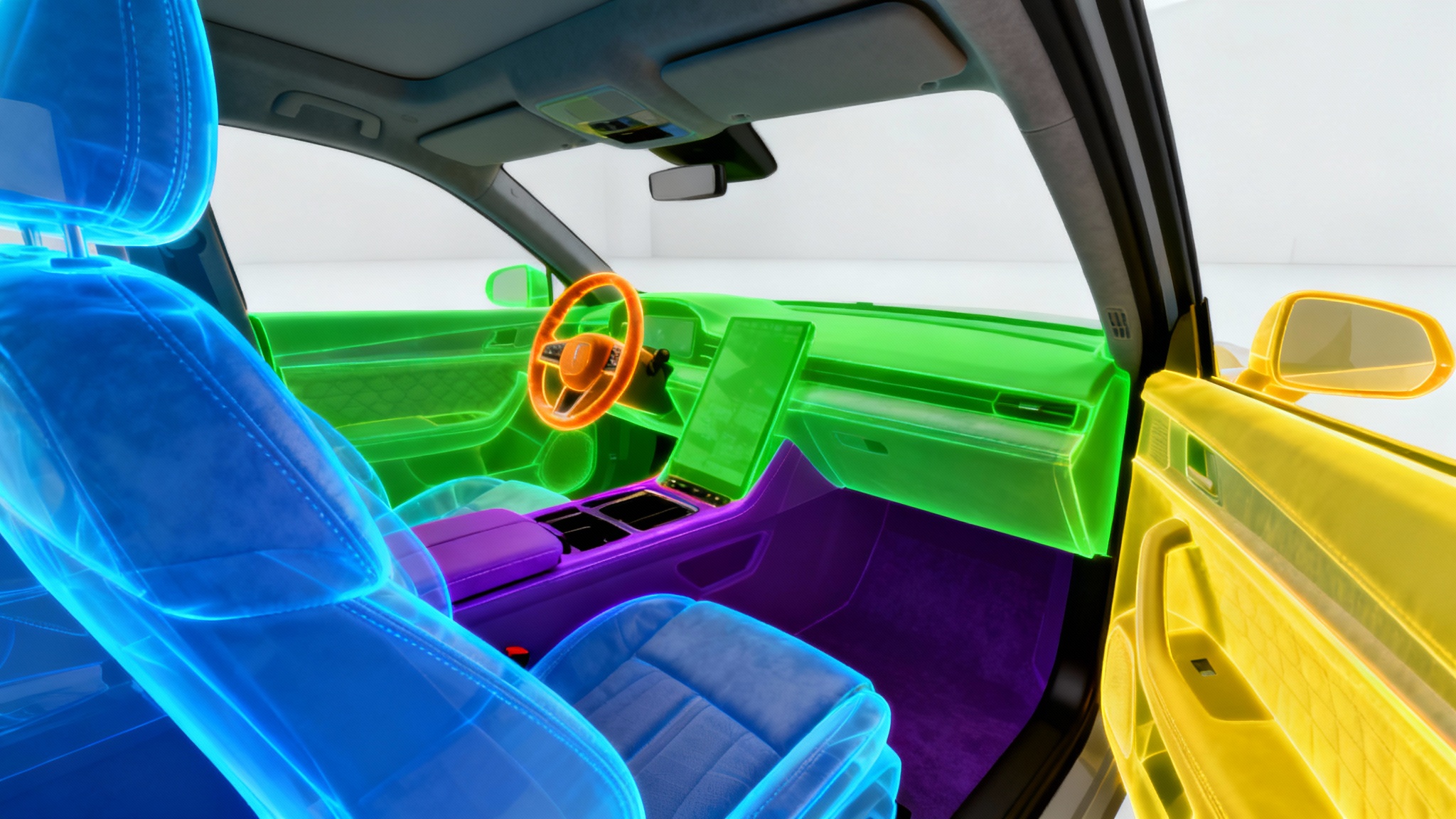 A photorealistic mockup of a modern car interior with different components like the seats, dashboard, and steering wheel highlighted in distinct, vibrant colors to represent the concept of AI interior segmentation.