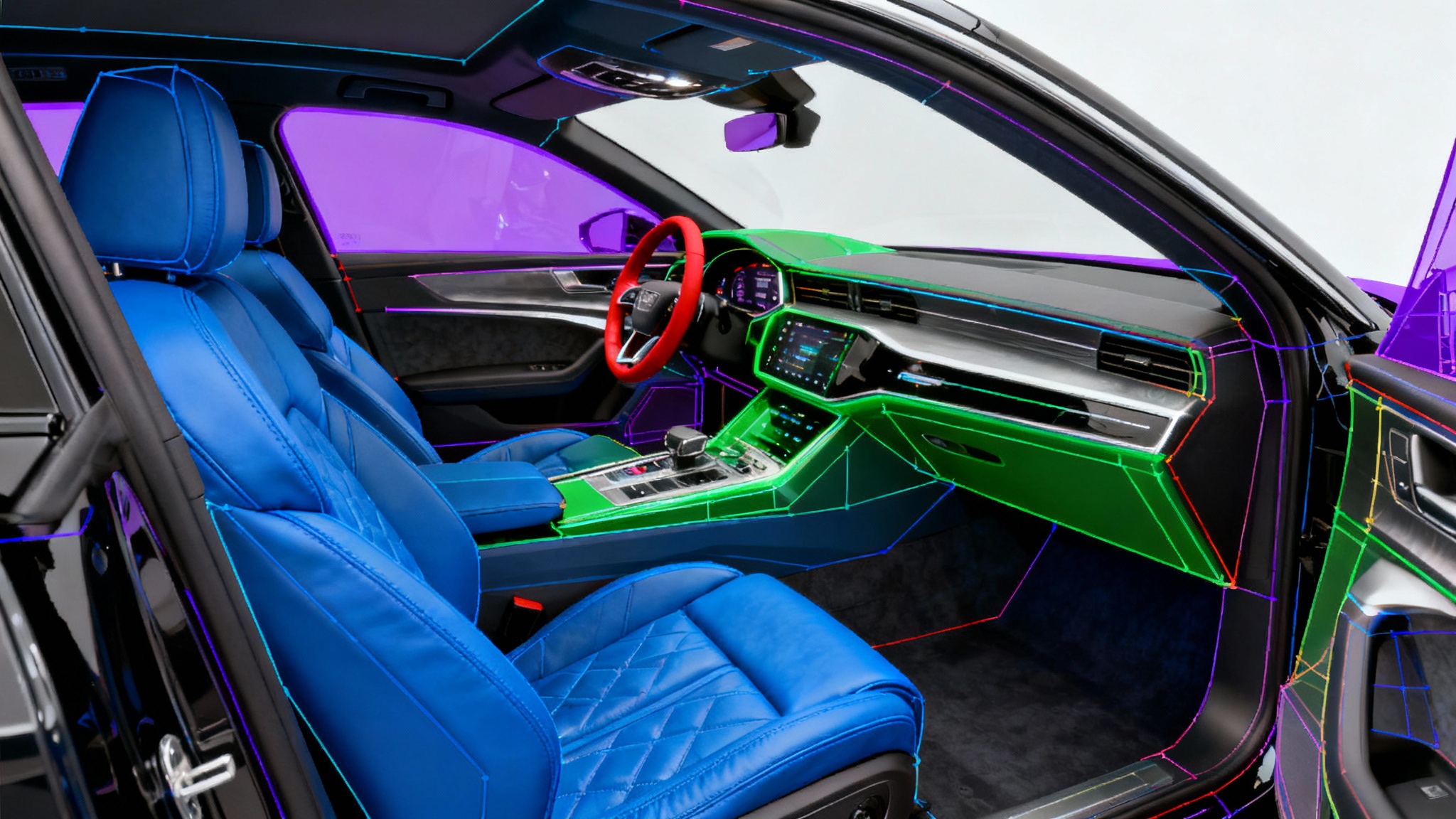 The interior of a modern car with its components, eats, dashboard, steering wheel, highlighted in different colors (blue, green, red) to illustrate the concept of AI image segmentation.