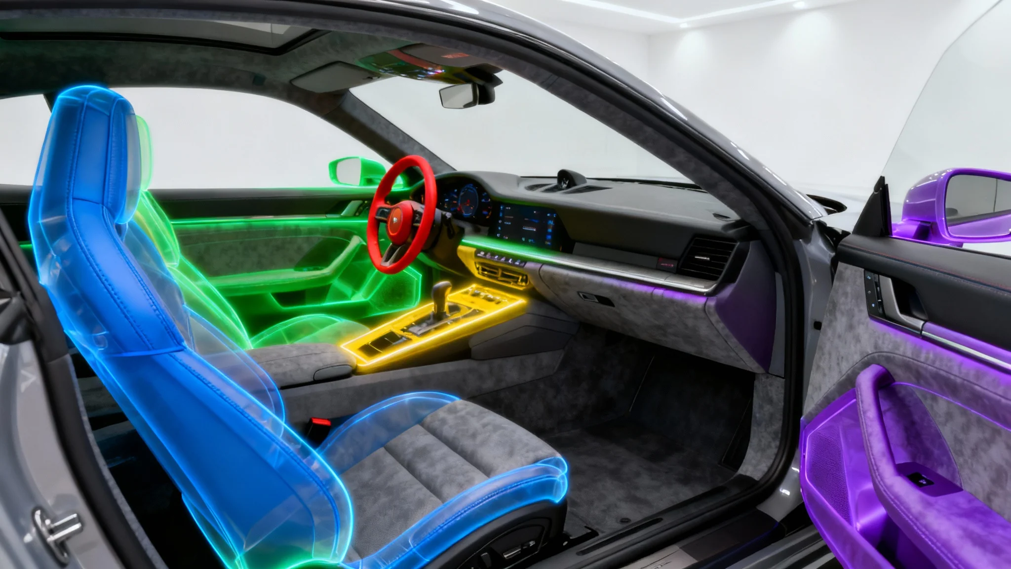 A futuristic image showing the interior of a modern car with different sections like the seats, dashboard, and steering wheel highlighted in distinct, glowing colors, illustrating the concept of AI car interior segmentation.
