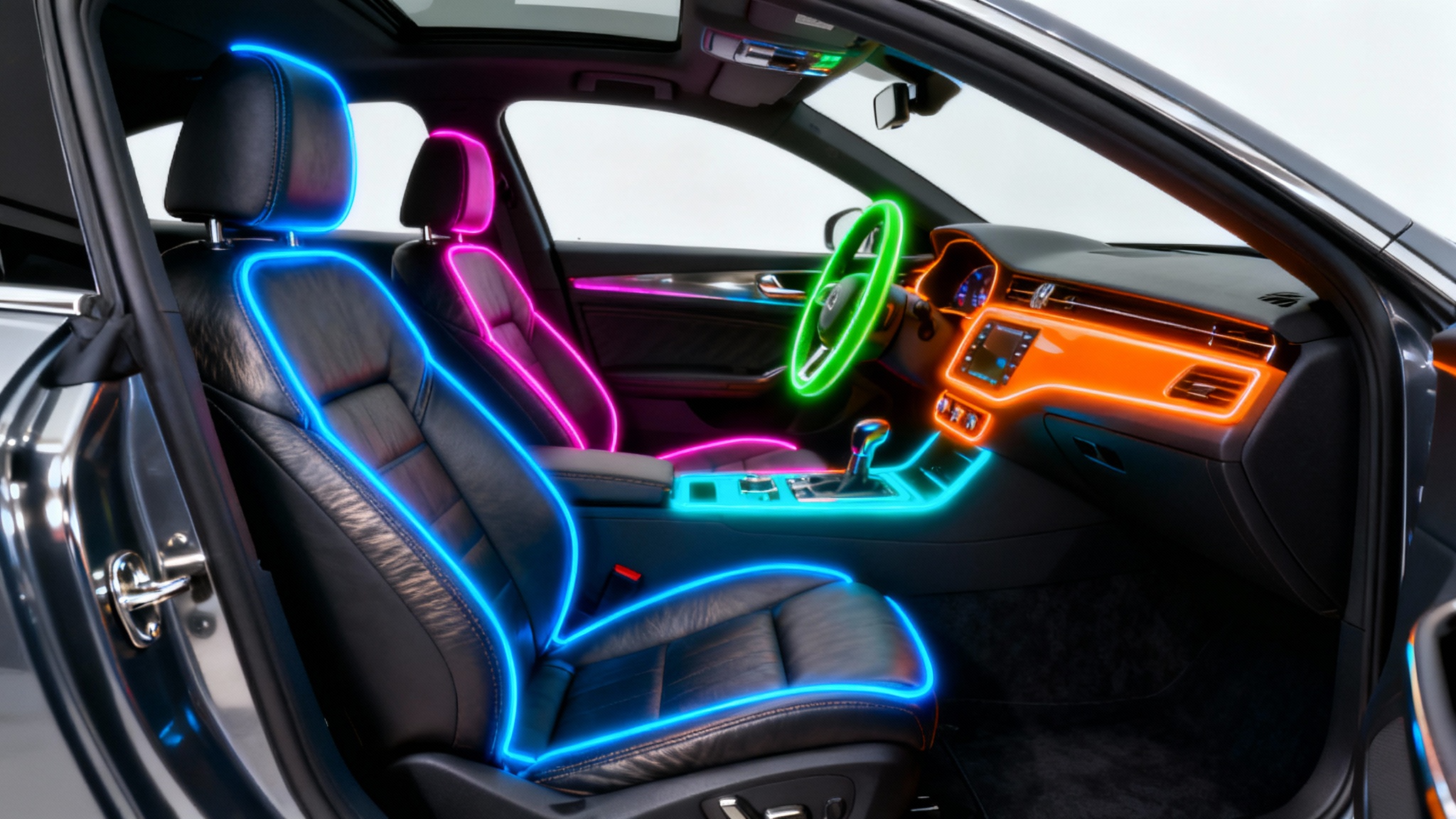 A high-tech illustration of car interior segmentation, showing a modern car's cabin with seats, dashboard, and steering wheel highlighted in different vibrant colors against a white background.