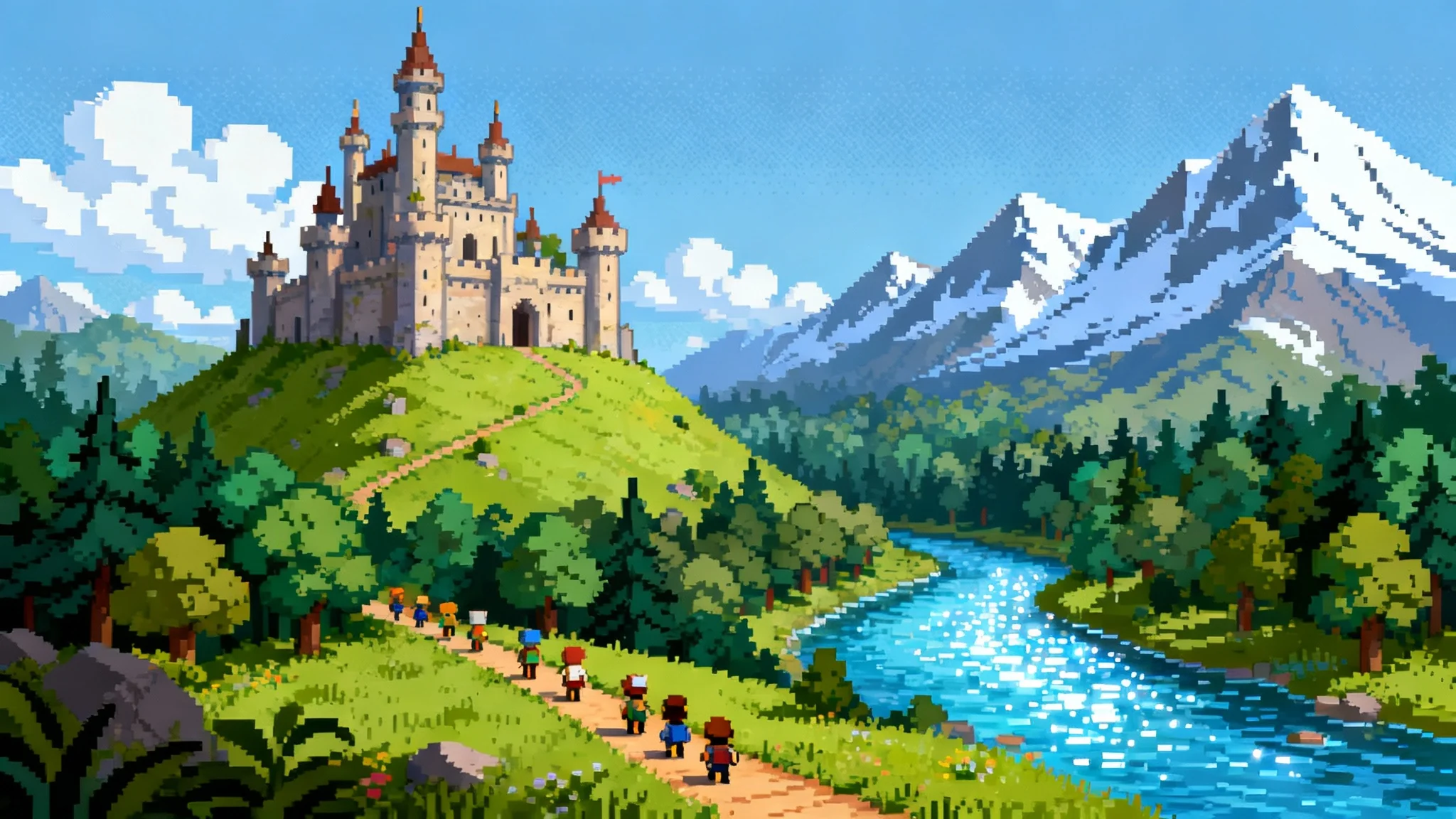 A detailed and colorful isometric pixel art landscape showing a fantasy world, with a castle on a hill, a forest, a river, and distant mountains, all in a vibrant 16-bit style.