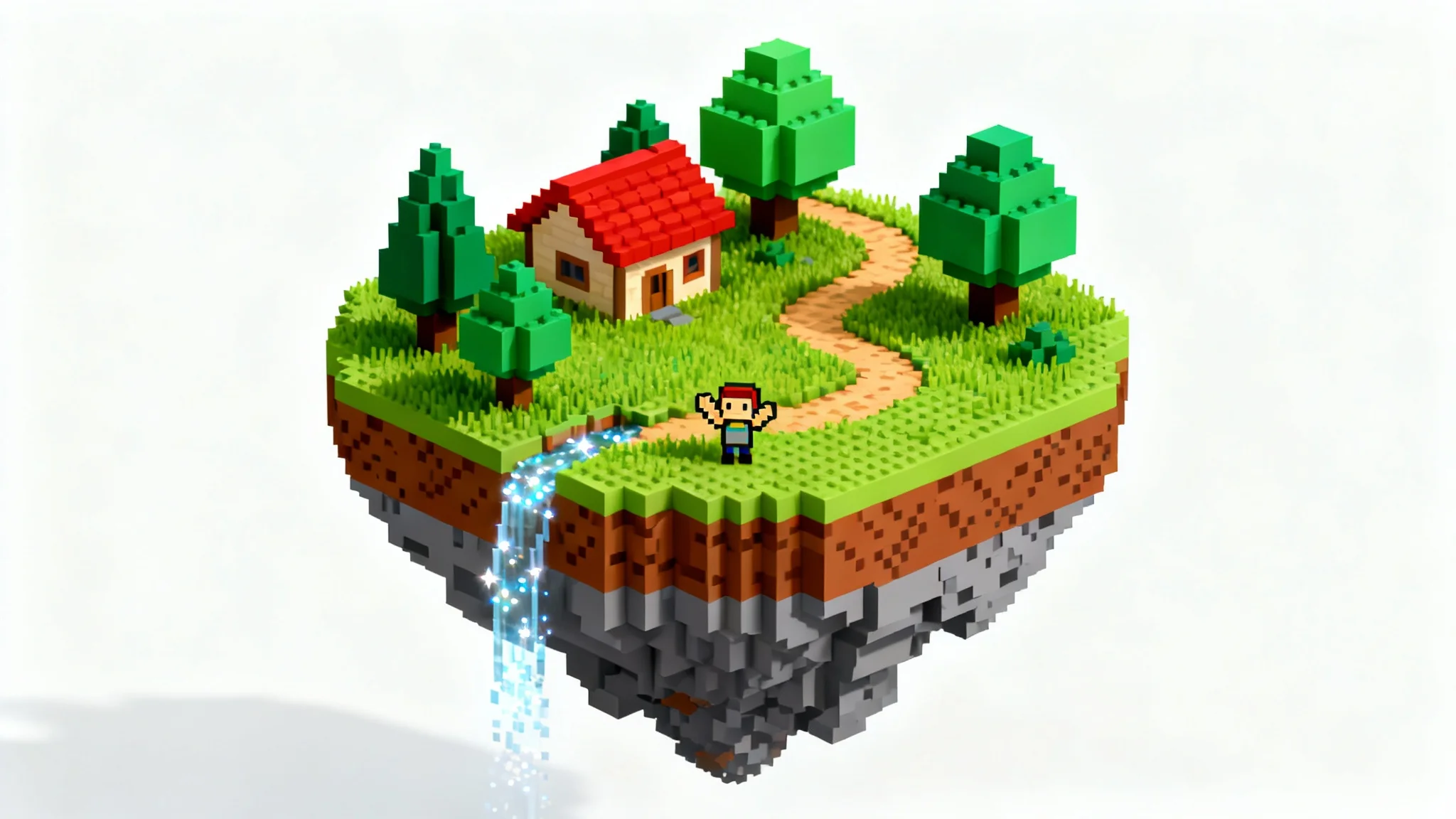 A detailed isometric pixel art illustration of a tiny, vibrant floating island with a small house and trees, set against a plain white background.